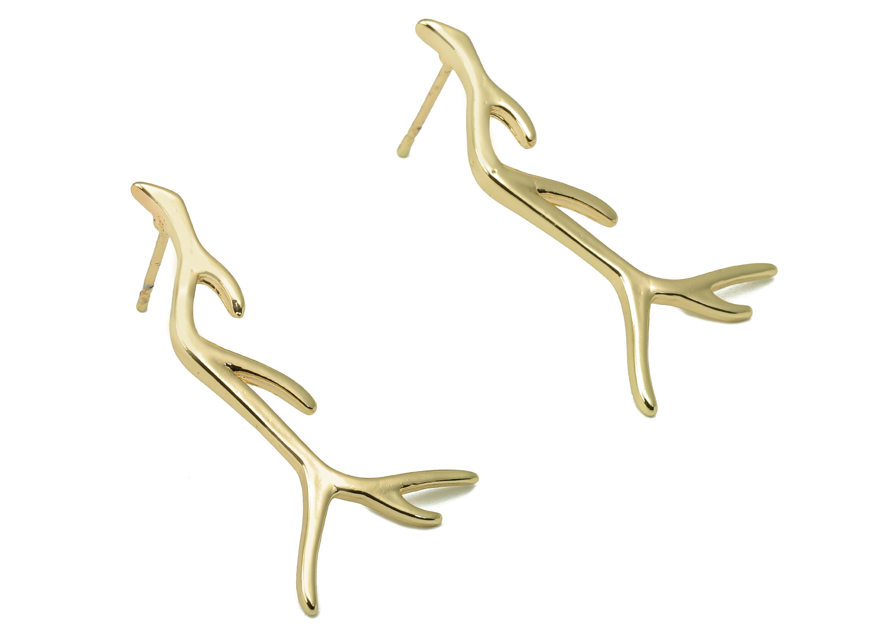 Brass Antler  Stud Earring - Branch earring post - Dendritic Earring -18K Real Gold-Plated Brass - 29.16x15.1x1.68mm RGP5914G - DOMEDBAZAAR