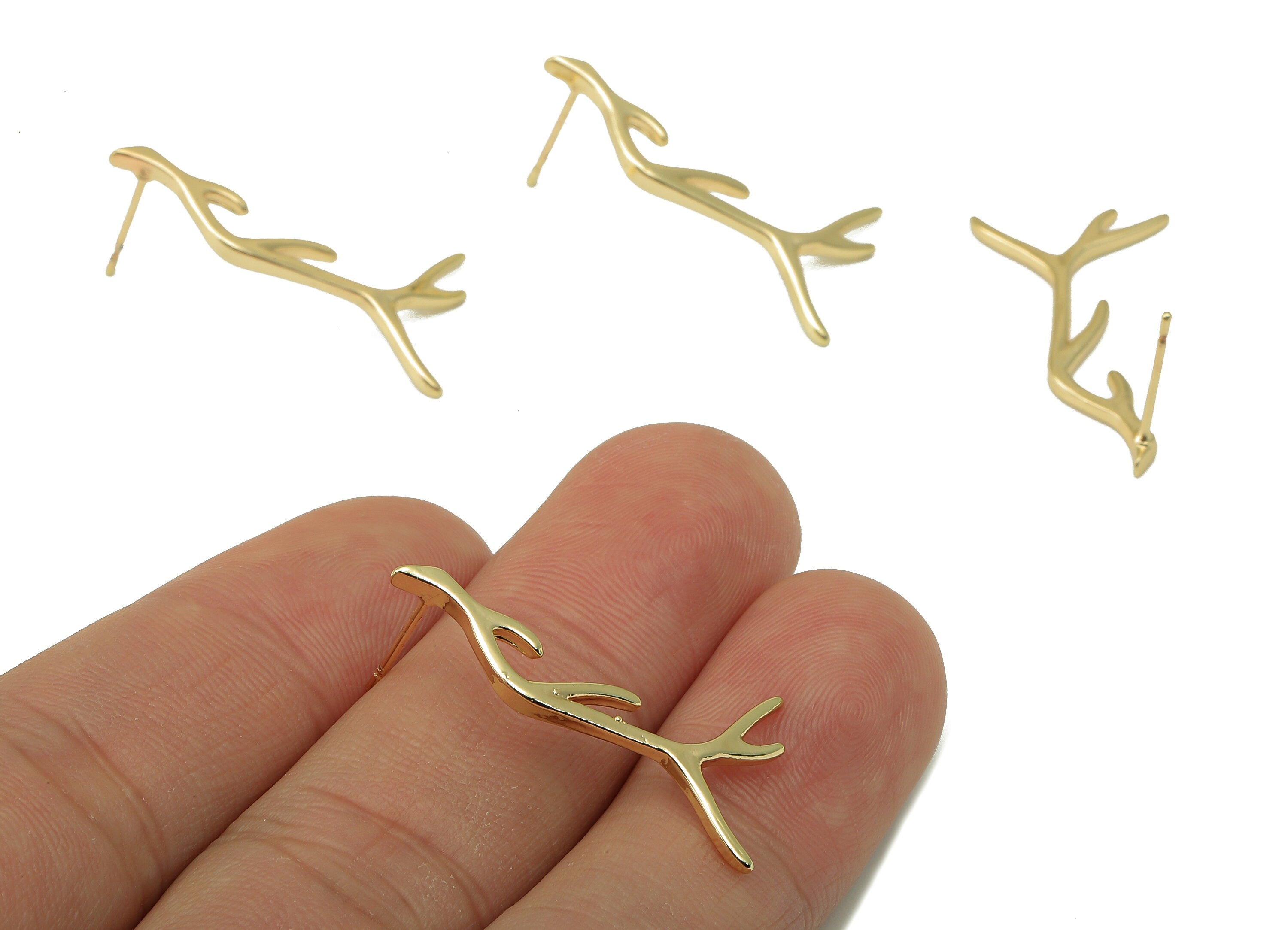 Brass Antler  Stud Earring - Branch earring post - Dendritic Earring -18K Real Gold-Plated Brass - 29.16x15.1x1.68mm RGP5914G - DOMEDBAZAAR