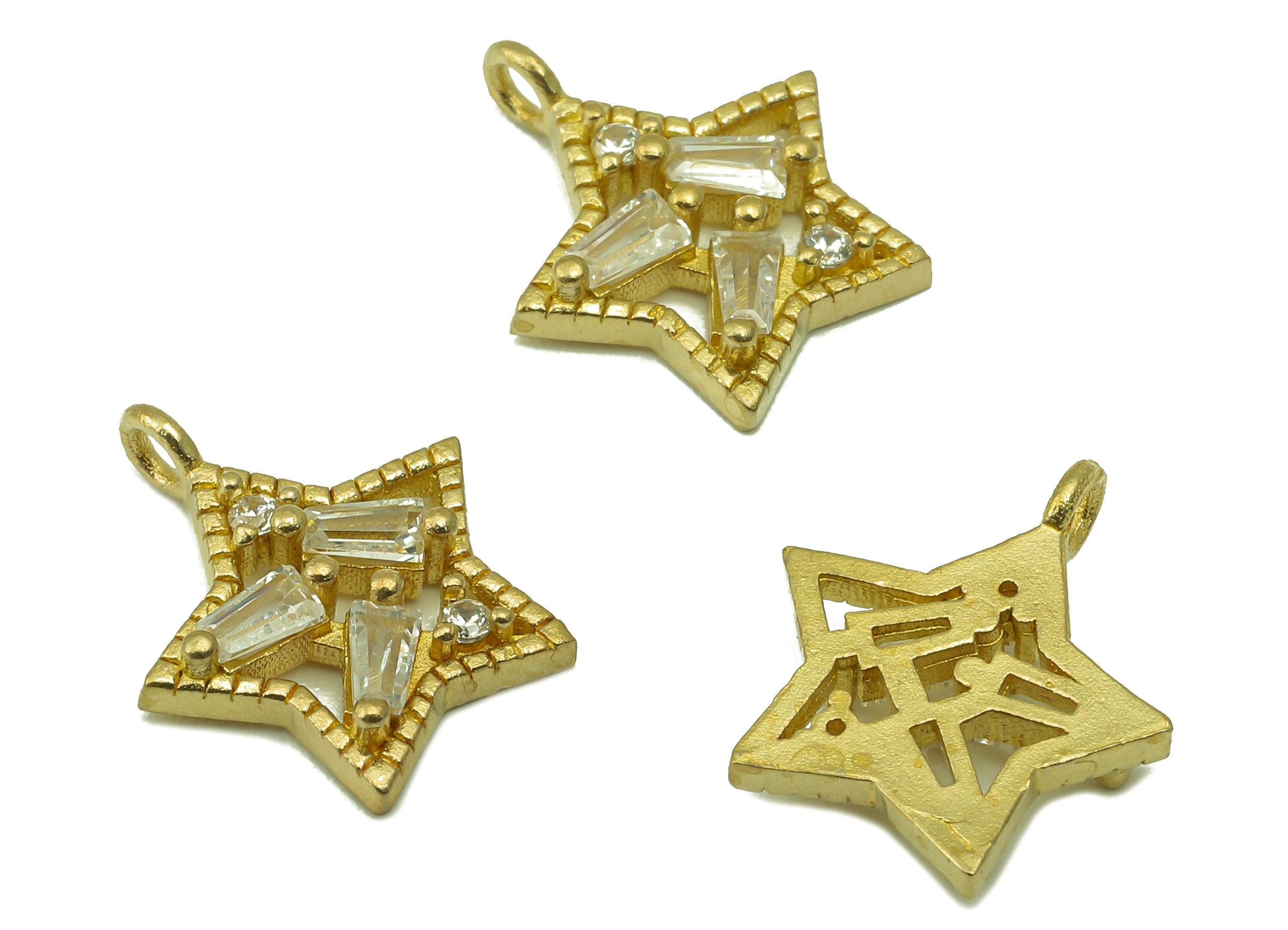 Brass Star Earring Charms - Raw Brass Cubic Zirconia Hollow Pendant - For Necklace - Jewelry Making - 14.67 x 12.6 x 2.87mm - PP8581 - DOMEDBAZAAR