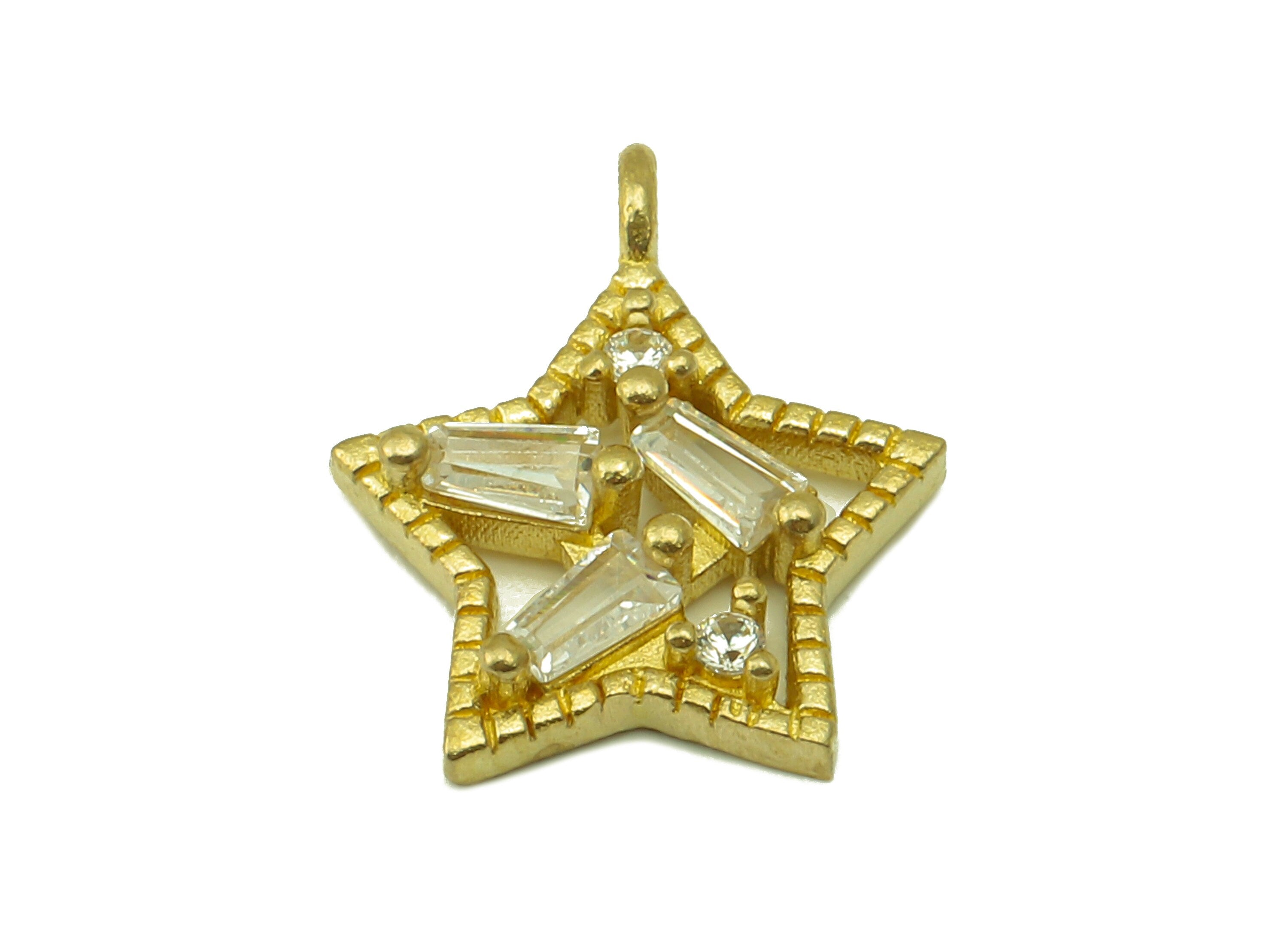 Brass Star Earring Charms - Raw Brass Cubic Zirconia Hollow Pendant - For Necklace - Jewelry Making - 14.67 x 12.6 x 2.87mm - PP8581 - DOMEDBAZAAR