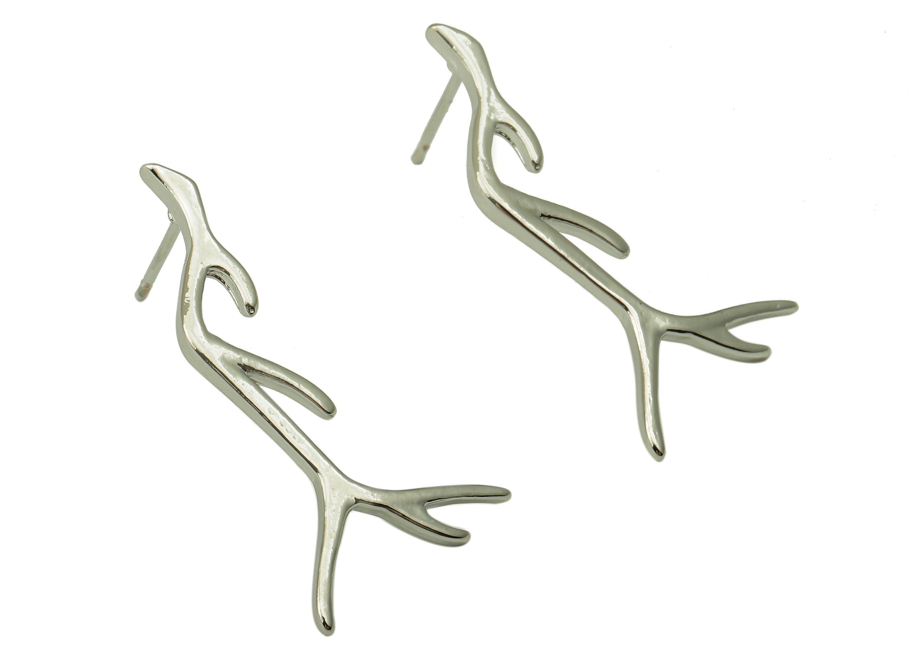 Silver Antler Stud Earring - Branch earring post - Dendritic Earring -18K Real White Gold-Plated Brass - 29.16x15.1x1.68mm RGP5914S - DOMEDBAZAAR