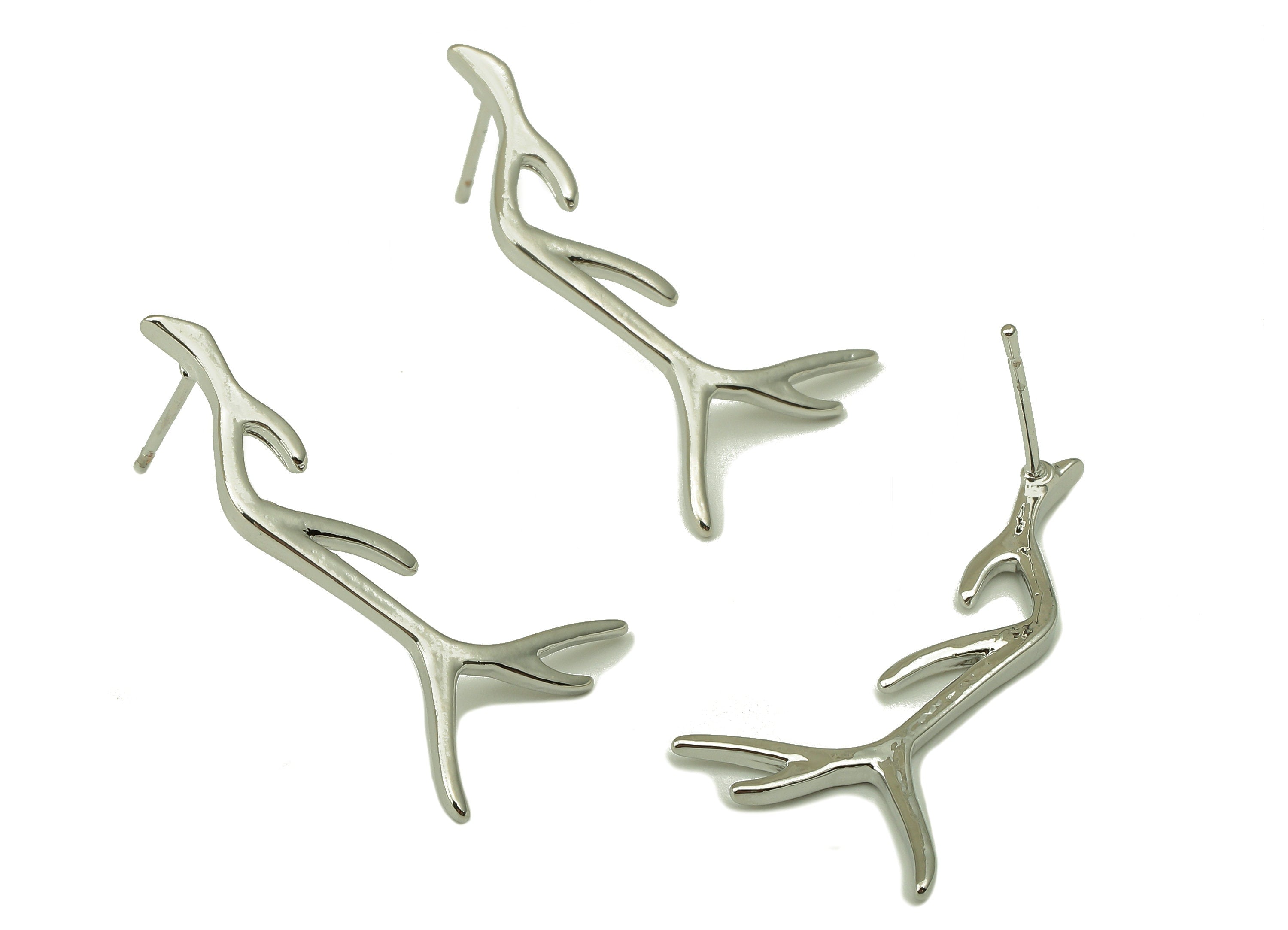 Silver Antler Stud Earring - Branch earring post - Dendritic Earring -18K Real White Gold-Plated Brass - 29.16x15.1x1.68mm RGP5914S - DOMEDBAZAAR