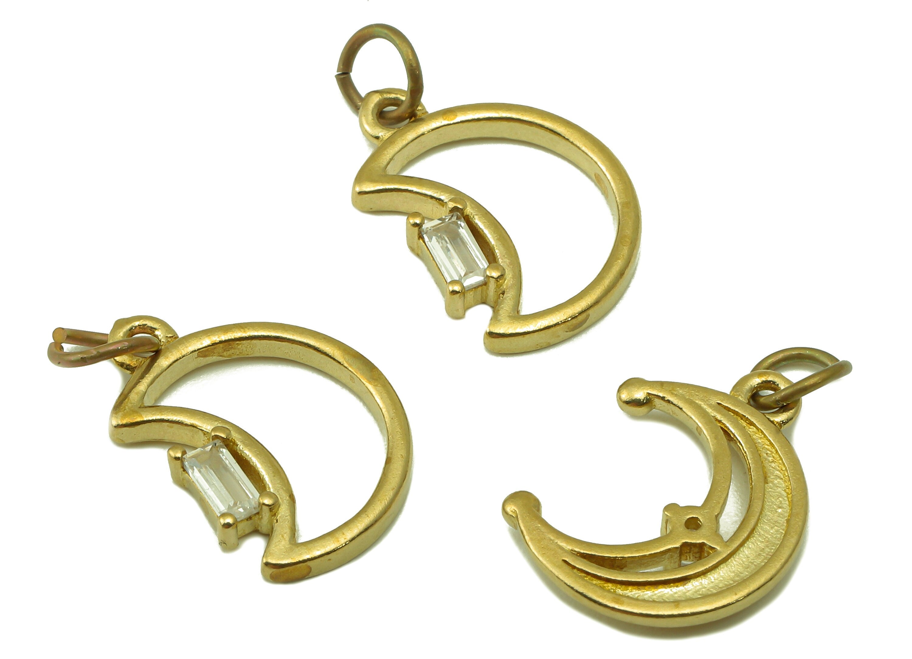 Brass Moon Earring Charms - Raw Brass Crescent Cubic Zirconia With Hoop - CZ Crescent Hollow Pendant - Jewelry Making - 16x12x2.5mm- PP8584 - DOMEDBAZAAR