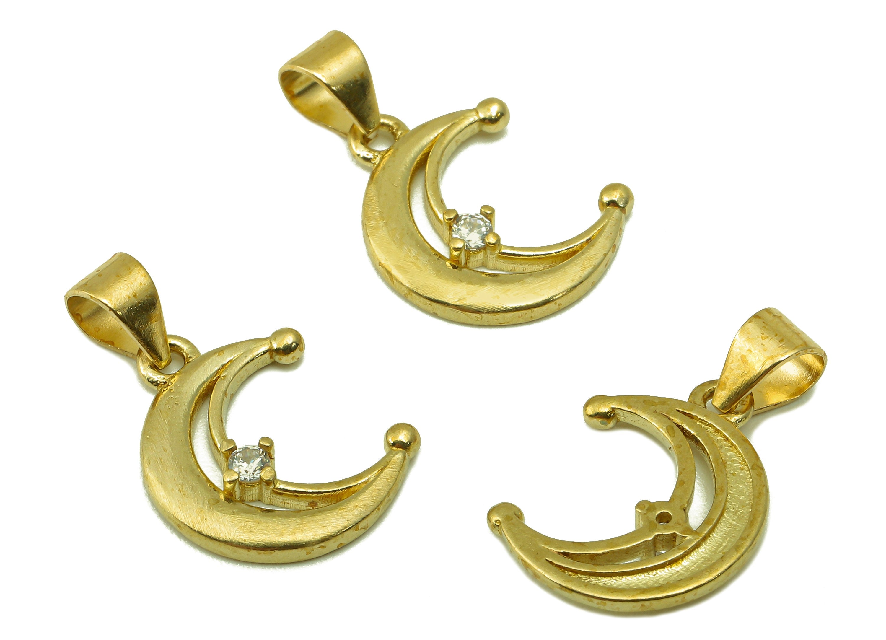 Brass Moon Earring Charms - Raw Brass Crescent Cubic Zirconia With Hoop - CZ Crescent Hollow Pendant - Jewelry Making - 16x12x2.15mm- PP8586 - DOMEDBAZAAR