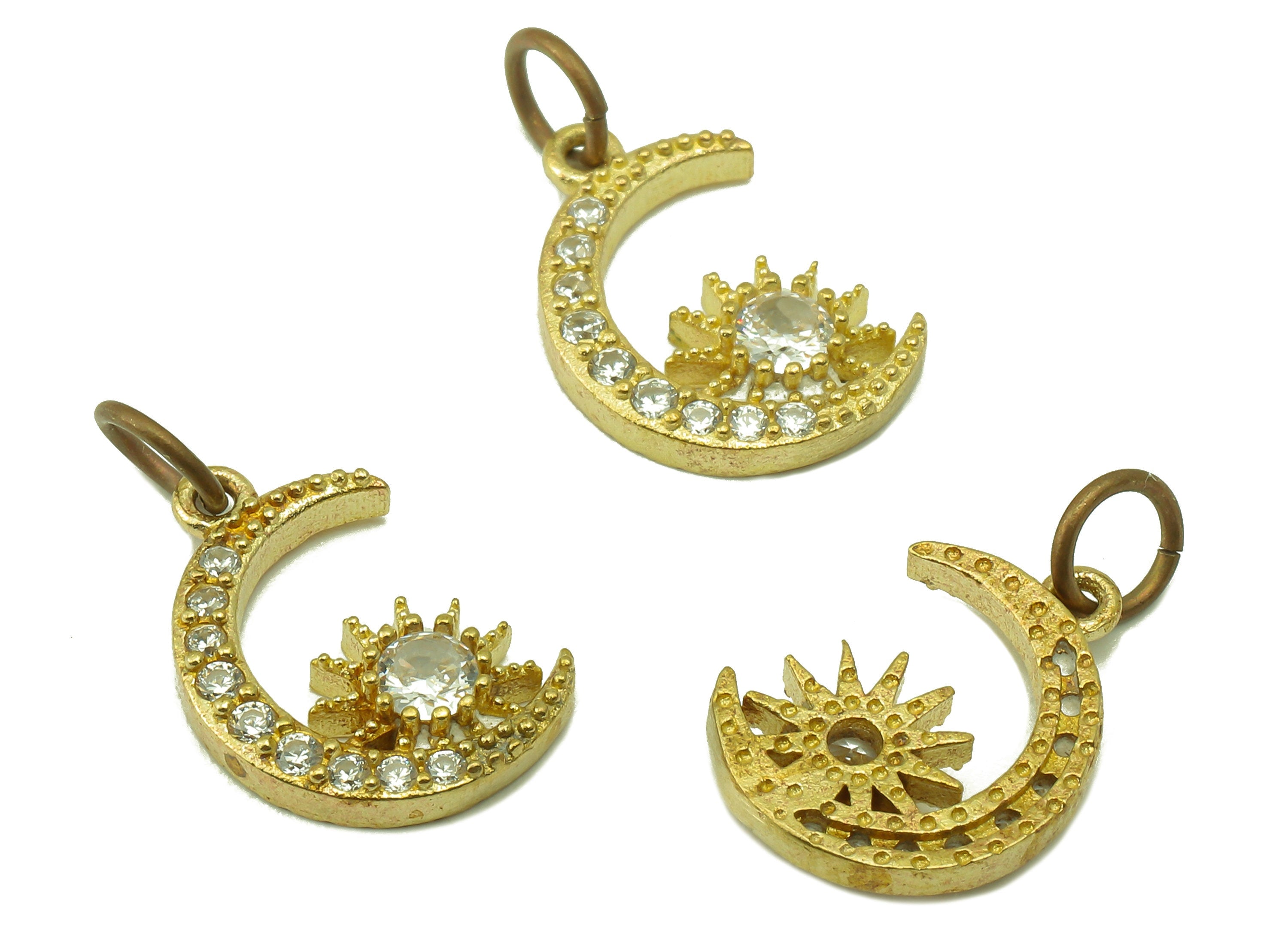 Brass Moon Earring Charms - Raw Brass Crescent Sun Cubic Zirconia With Hoop - Crescent Sun Pendant - Jewelry Making - 15.1x10x2.5mm- PP8588 - DOMEDBAZAAR