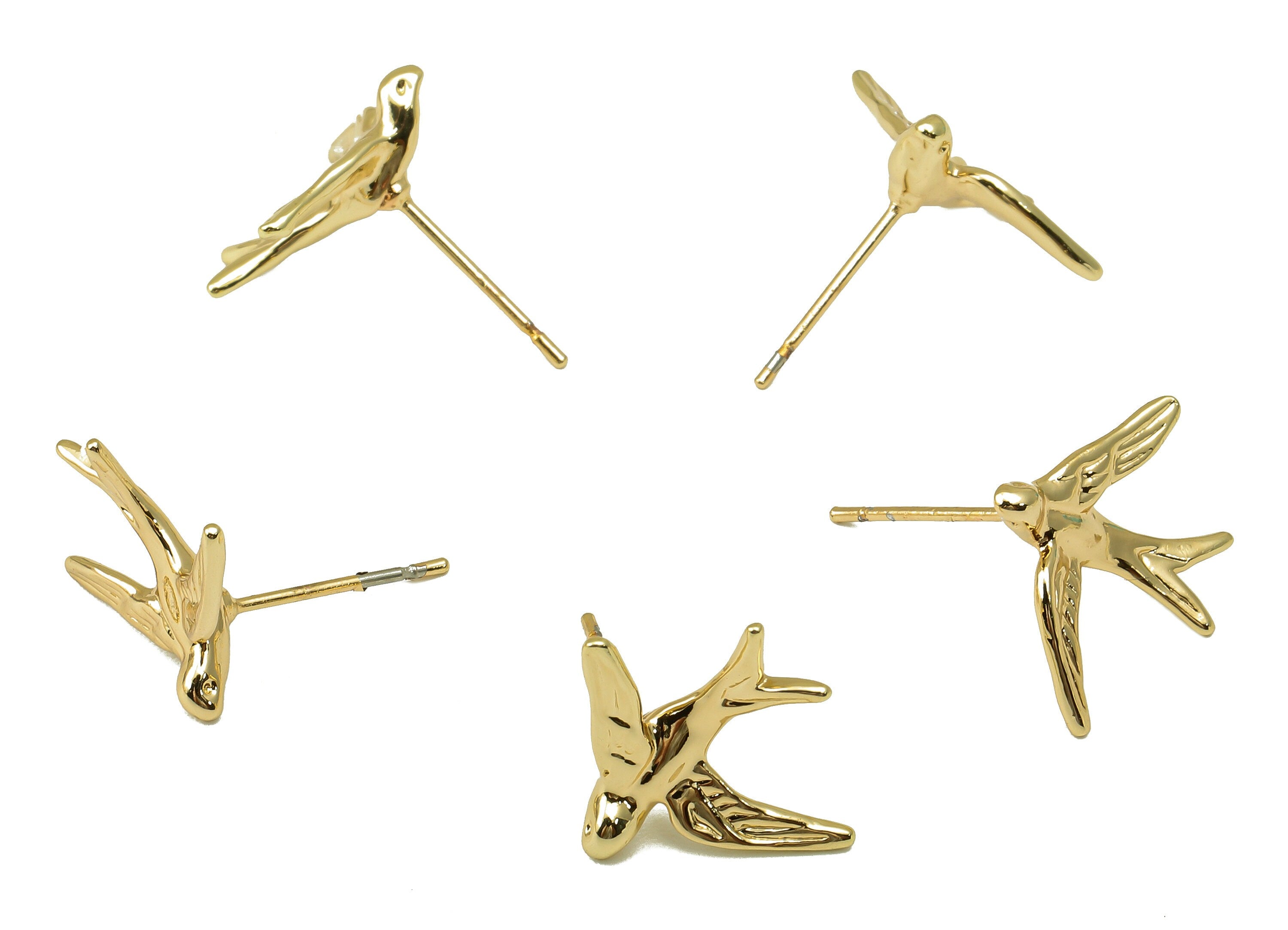 Brass Fly Bird Earring - Brass Swallow Earring Post - Animal Stud Earring -18K Real Gold-Plated Brass - 16.65 x 14.54x 1.9mm- RGP5915G - DOMEDBAZAAR