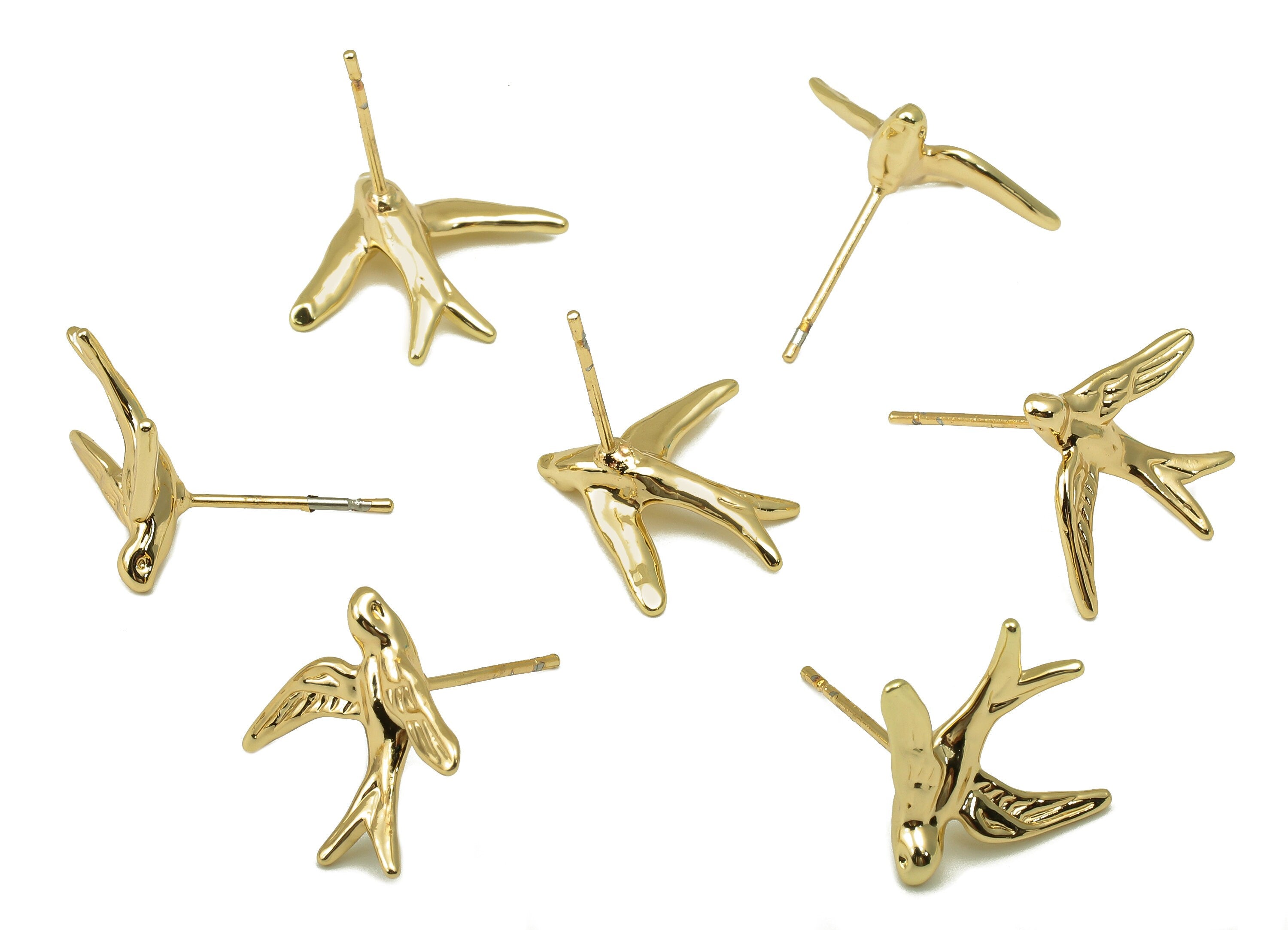 Brass Fly Bird Earring - Brass Swallow Earring Post - Animal Stud Earring -18K Real Gold-Plated Brass - 16.65 x 14.54x 1.9mm- RGP5915G - DOMEDBAZAAR