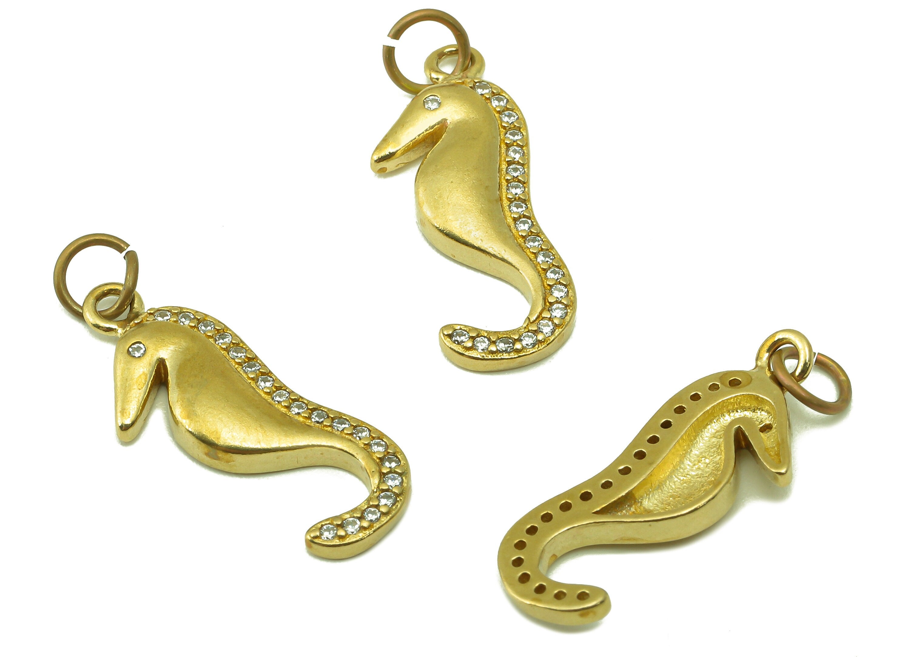 Brass Seahorse Earring Charms - Raw Brass Seahorse Cubic Zirconia With Hoop - For Necklace - Jewelry Making - 22.83 x 9.06 x 2.62mm- PP8585 - DOMEDBAZAAR