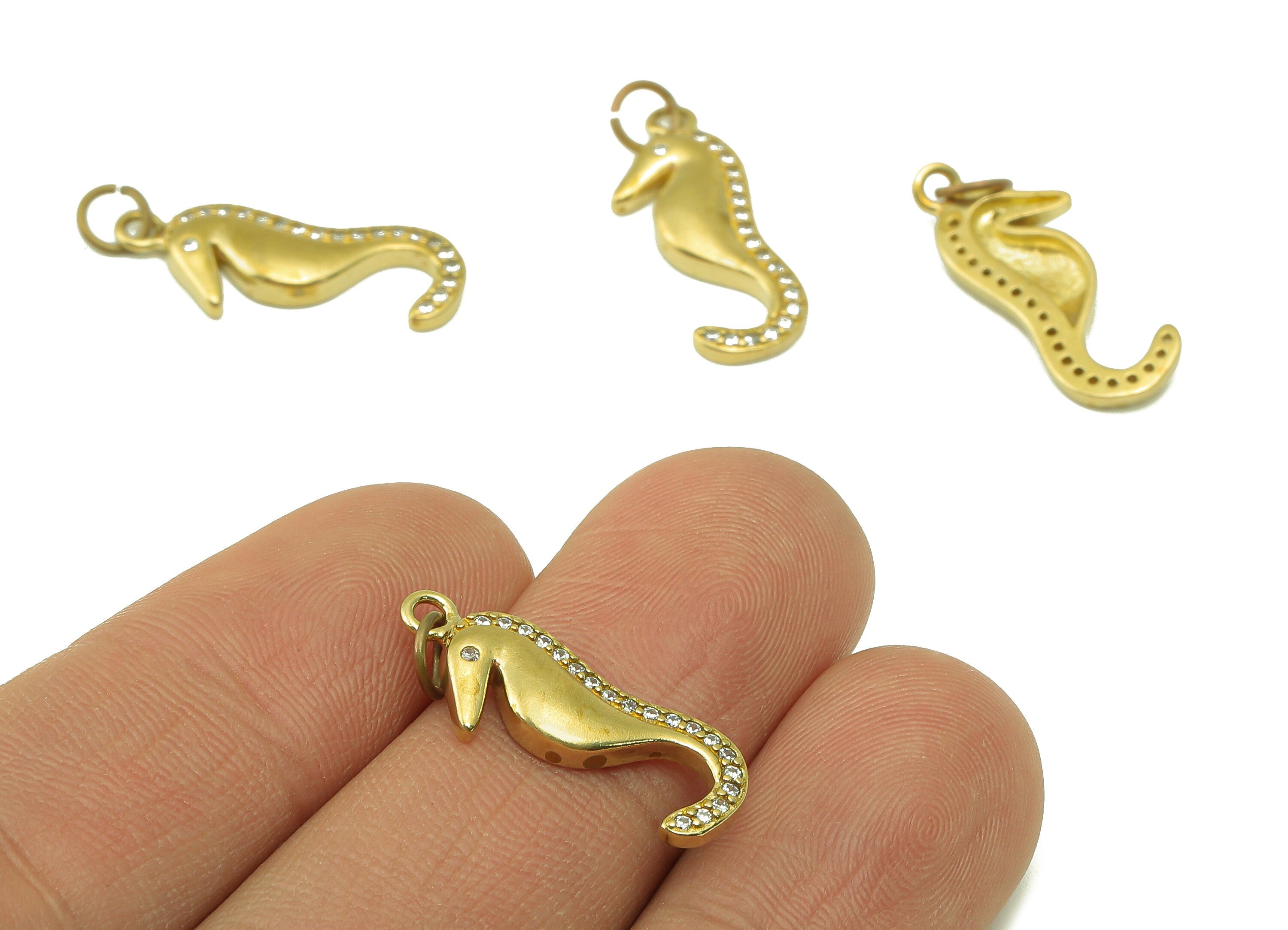 Brass Seahorse Earring Charms - Raw Brass Seahorse Cubic Zirconia With Hoop - For Necklace - Jewelry Making - 22.83 x 9.06 x 2.62mm- PP8585 - DOMEDBAZAAR