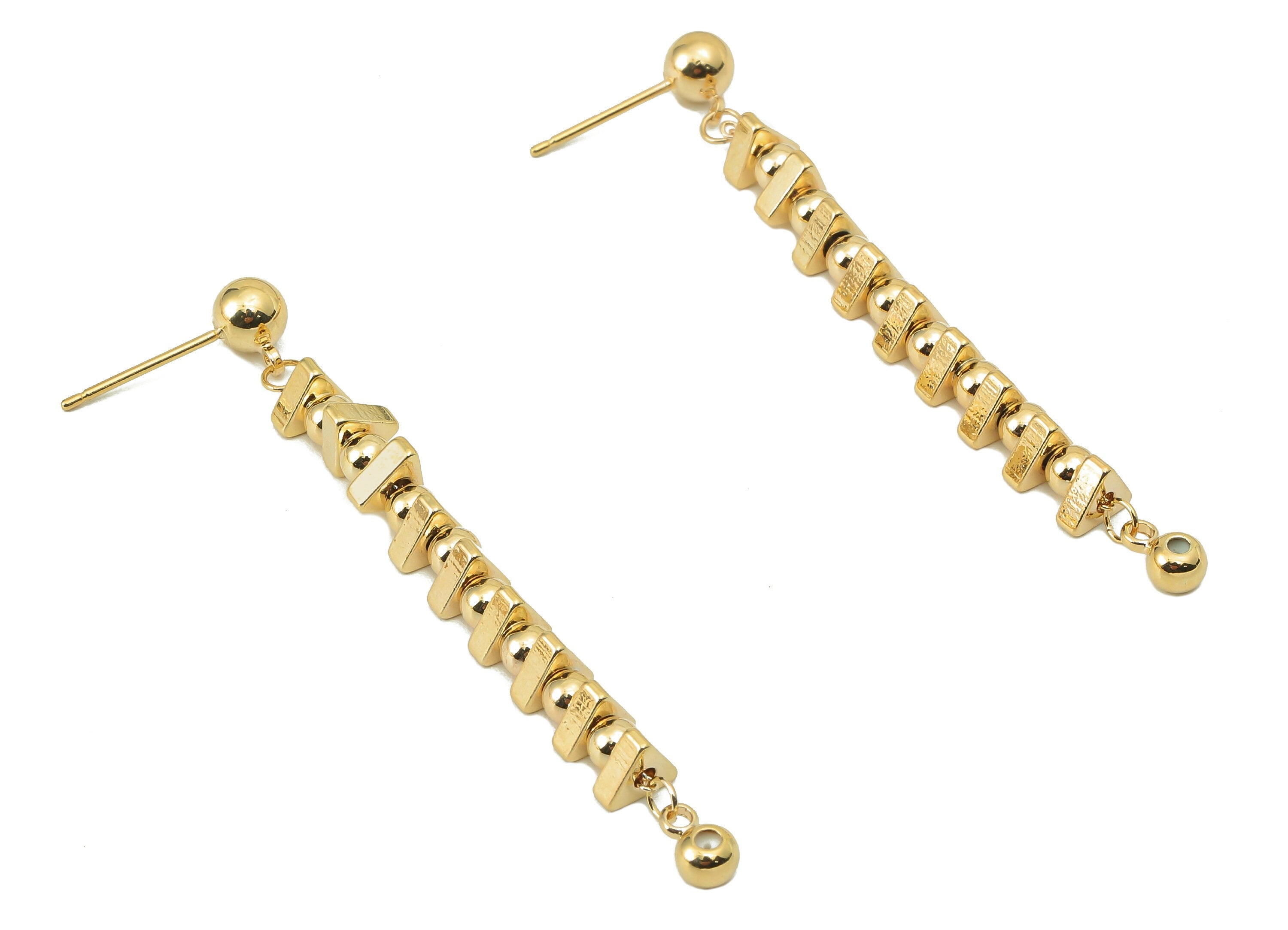 Brass Round beads Earring Post-Brass Triangle Bead Chain Earring Stud - Hanging Beads Earring-18K Real Gold Plating-58.5x5.31x5.03mm-RGP5850 - DOMEDBAZAAR