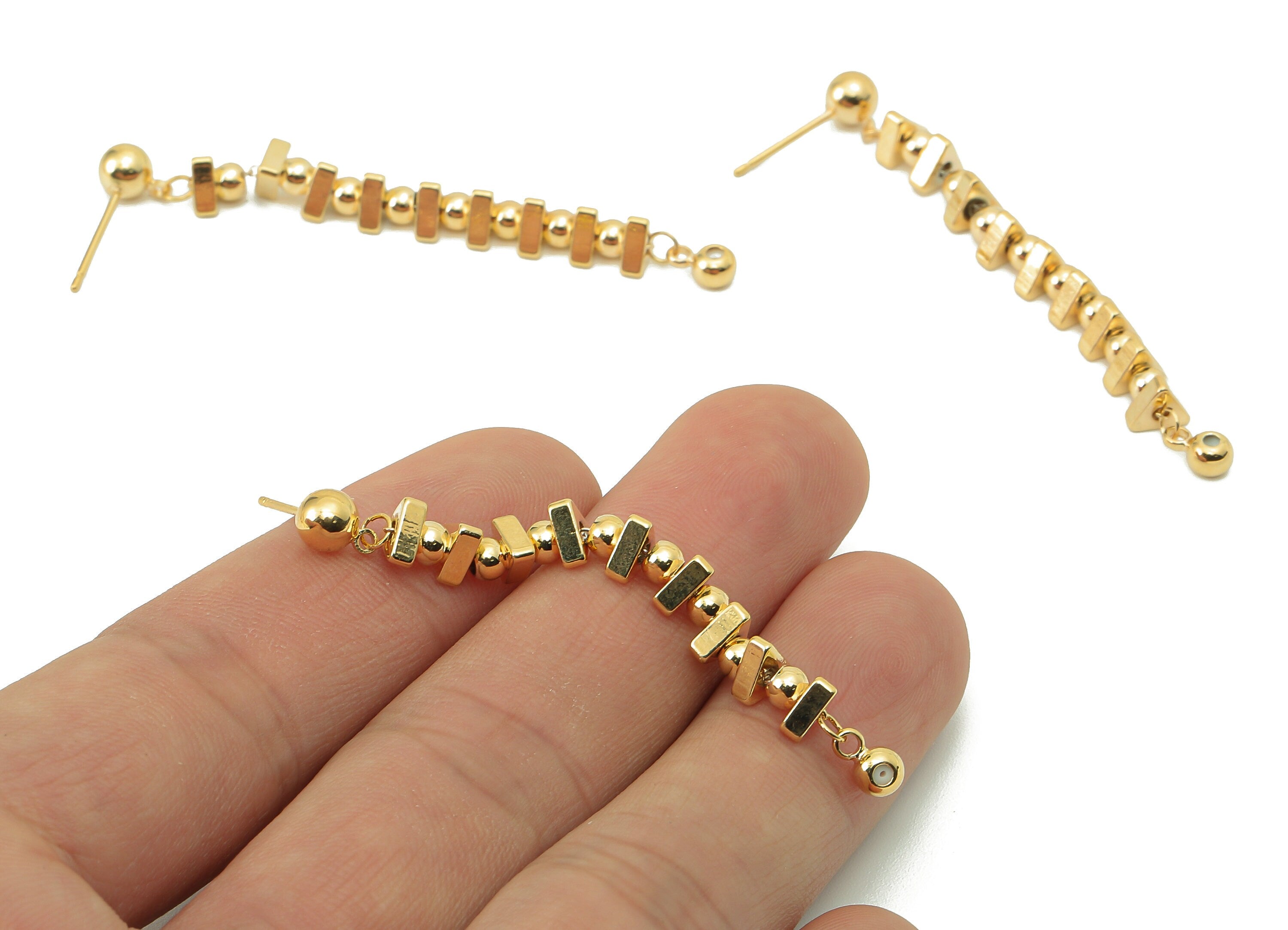 Brass Round beads Earring Post-Brass Triangle Bead Chain Earring Stud - Hanging Beads Earring-18K Real Gold Plating-58.5x5.31x5.03mm-RGP5850 - DOMEDBAZAAR