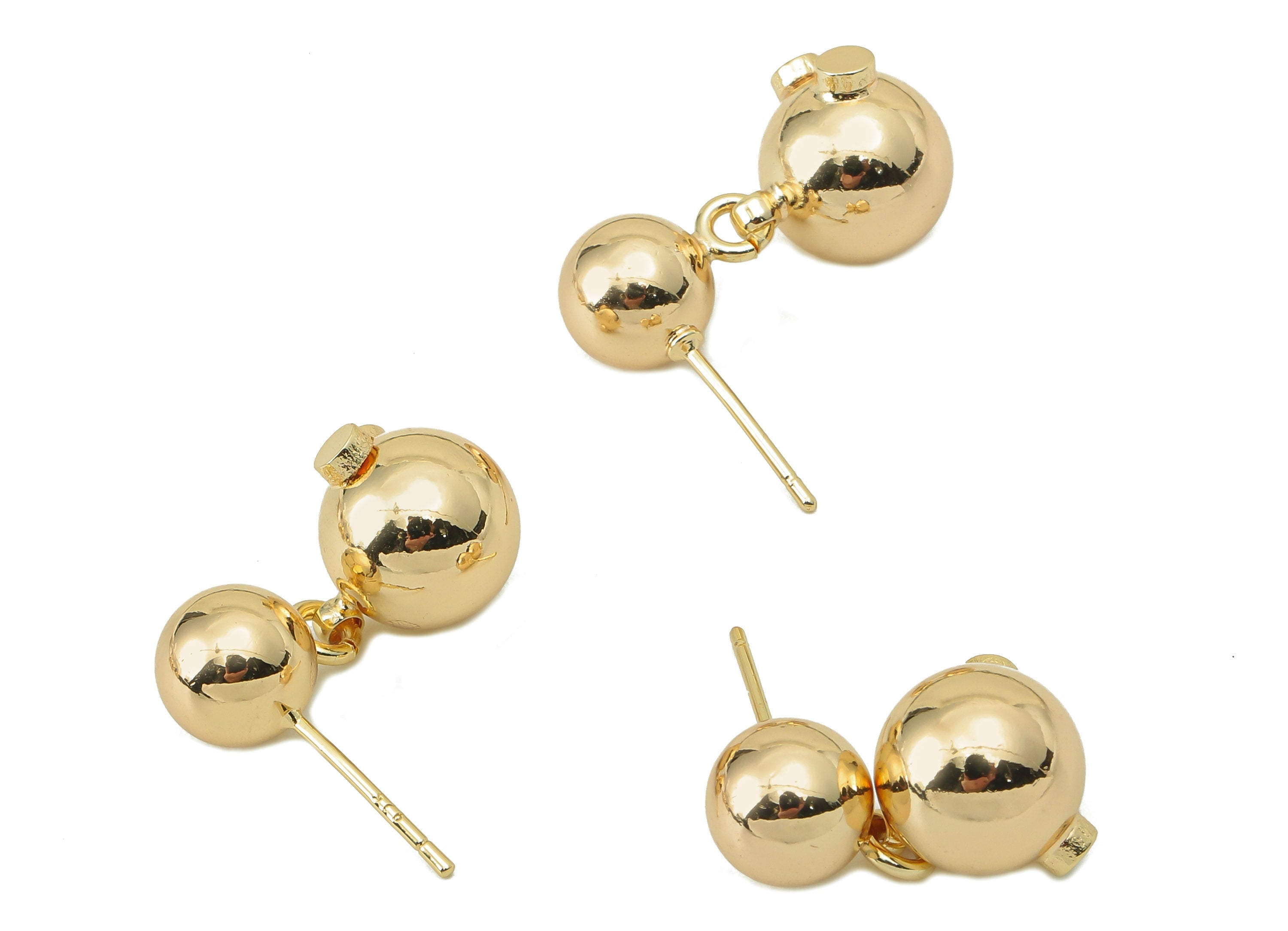Brass Double Ball Stud Earring - Ball Earring Post - Ball Earring Stud - 18K Real Gold Plating -22.15x 11.71x 9.76mm-RGP5854 - DOMEDBAZAAR