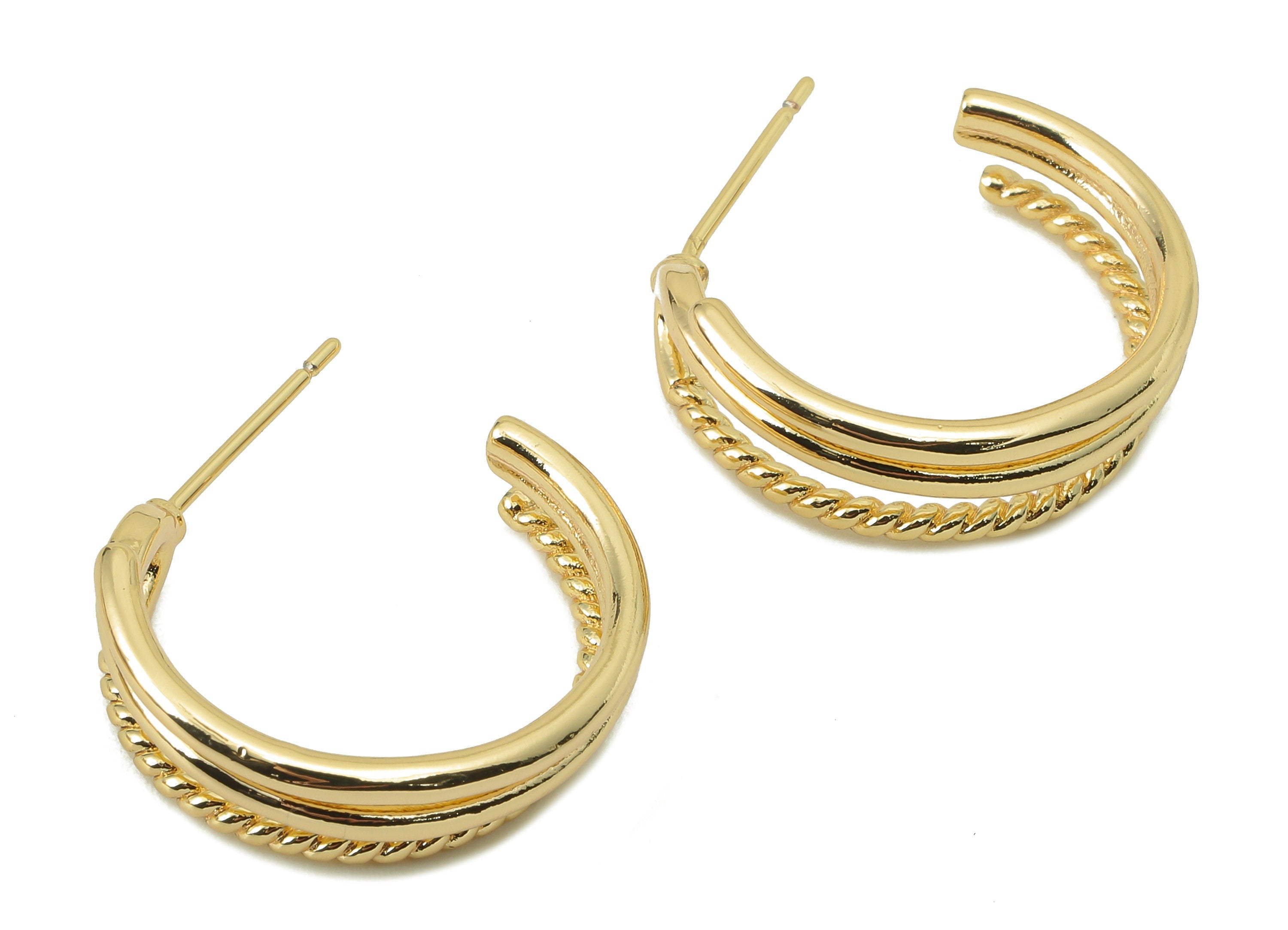 Brass C Hoop Stud Earring - Brass Round Earring Stud and Chain Open Hoop Earring Post - 18K Real Gold Plating -22.7x 21.84x1.88mm-RGP5860 - DOMEDBAZAAR