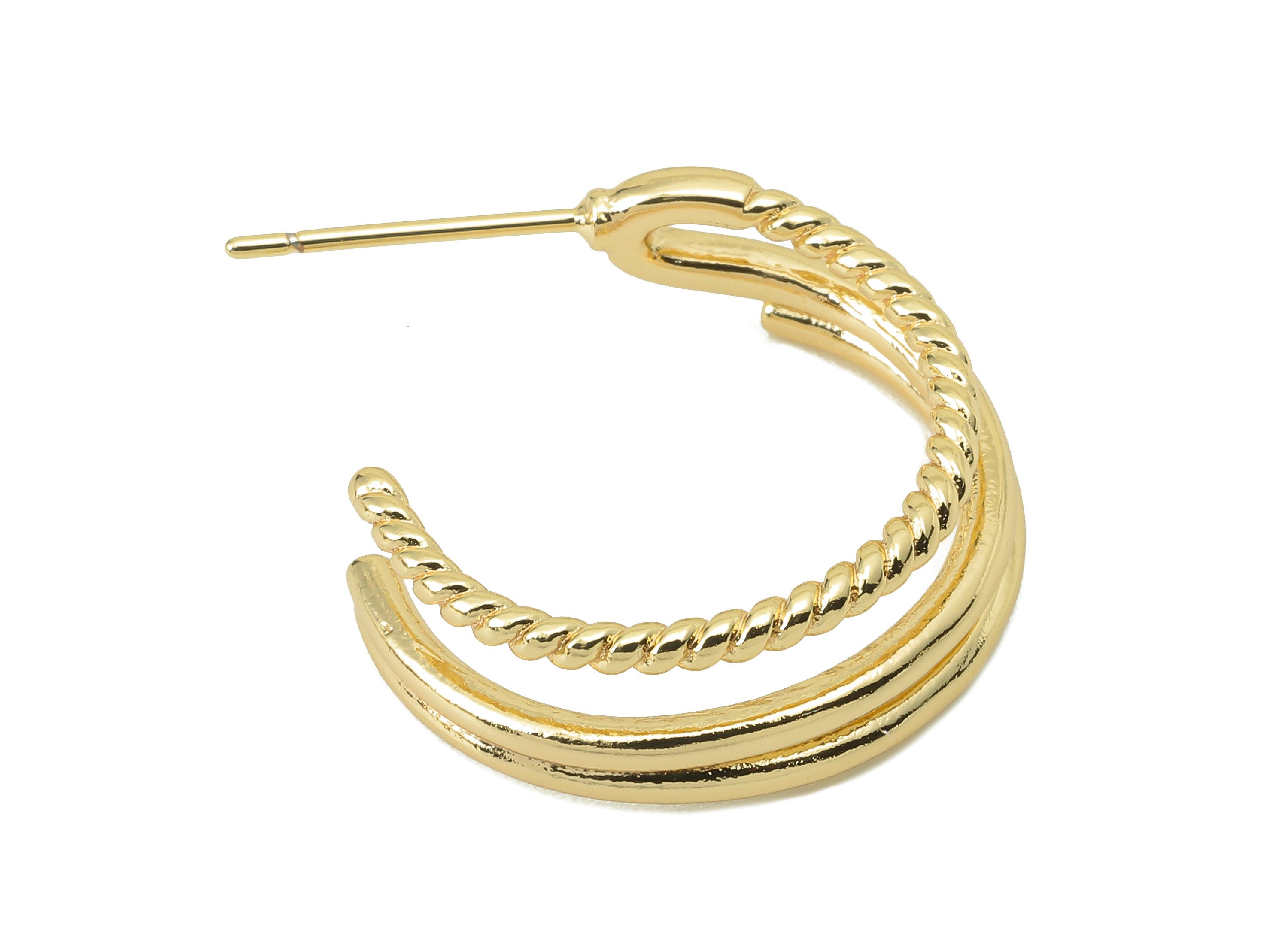 Brass C Hoop Stud Earring - Brass Round Earring Stud and Chain Open Hoop Earring Post - 18K Real Gold Plating -22.7x 21.84x1.88mm-RGP5860 - DOMEDBAZAAR