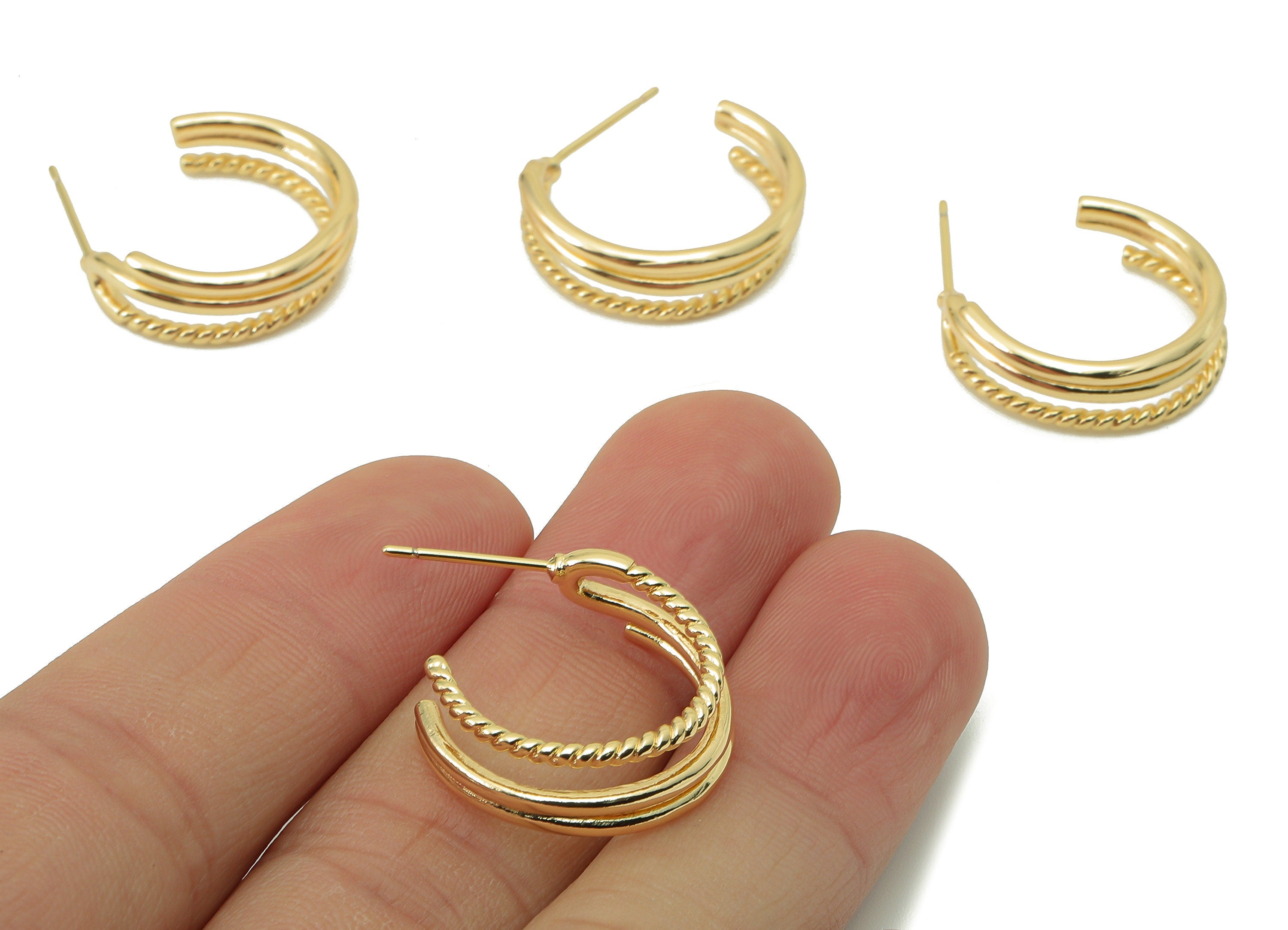 Brass C Hoop Stud Earring - Brass Round Earring Stud and Chain Open Hoop Earring Post - 18K Real Gold Plating -22.7x 21.84x1.88mm-RGP5860 - DOMEDBAZAAR