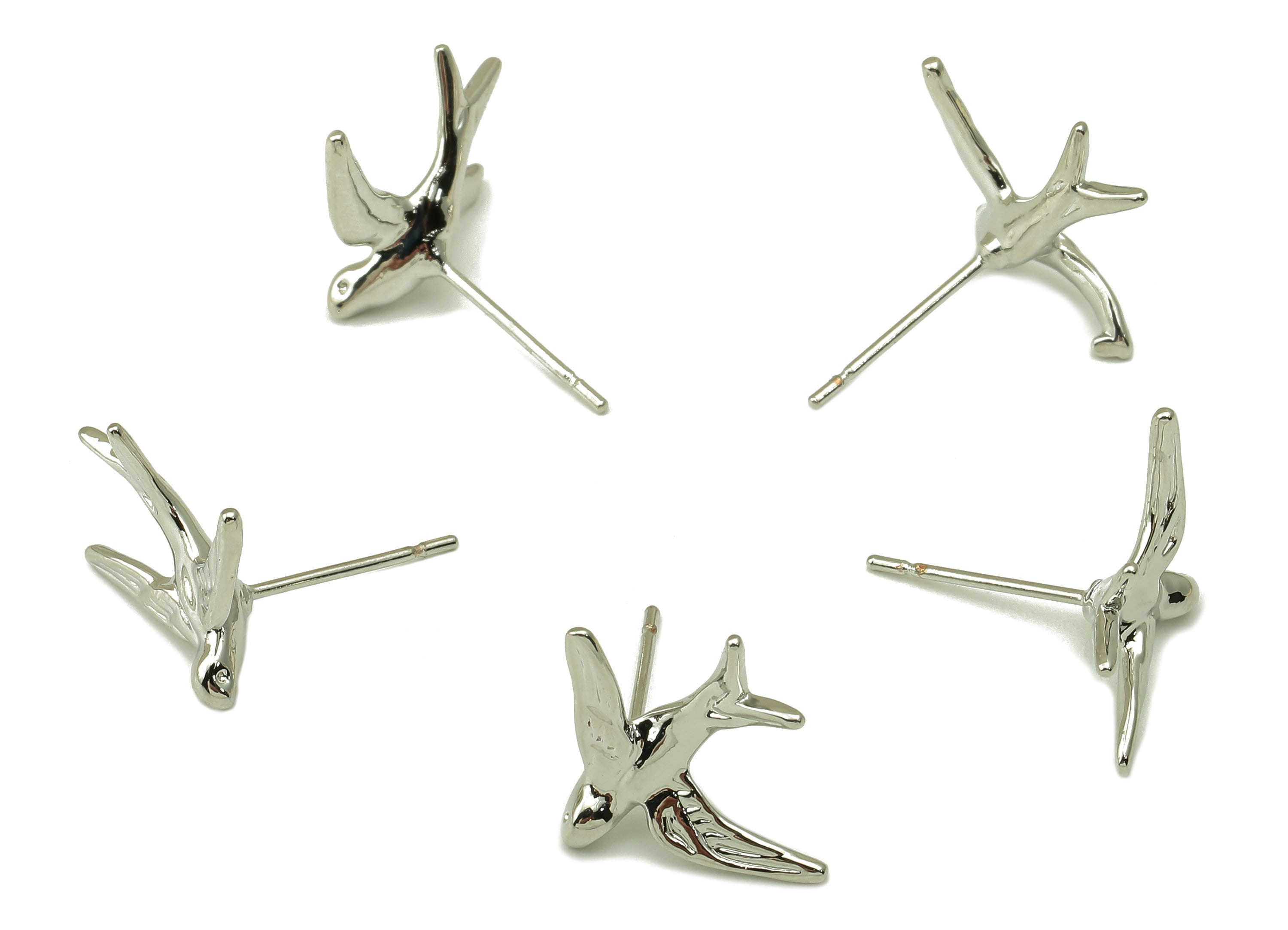 Silver Fly Bird Earring - Brass Swallow Stud Earring - Animal Earring Post -18K Real White Gold-Plated Brass - 16.6x14.5x1.9mm- RGP5915S - DOMEDBAZAAR