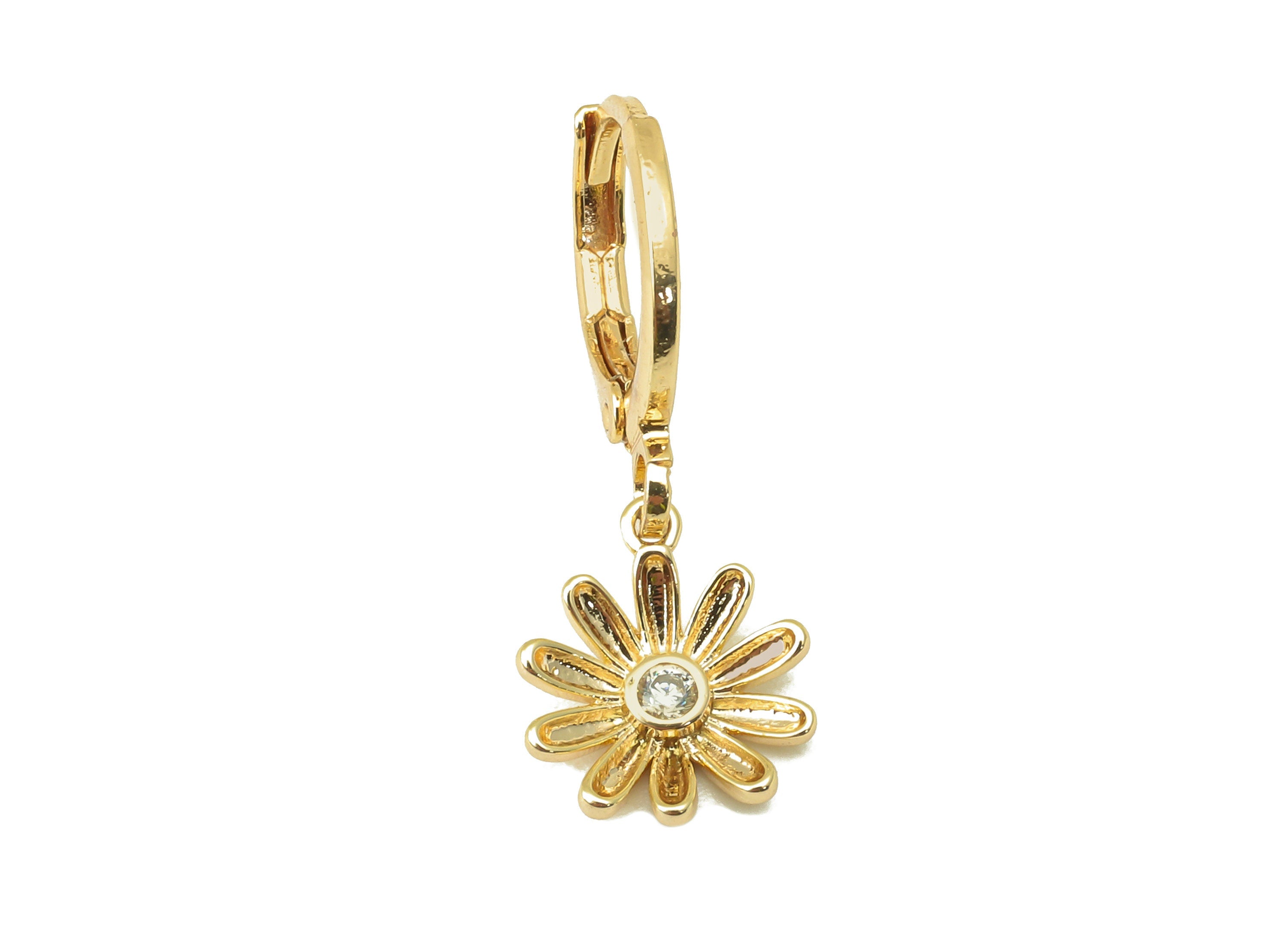 Brass Clasp Earring - Brass CZ Flower Lever back Earring Huggie - Cubic Zirconia Daisy Hoop- 18K Real Gold Plating - 25x11x1.75mm - RGP6061 - DOMEDBAZAAR