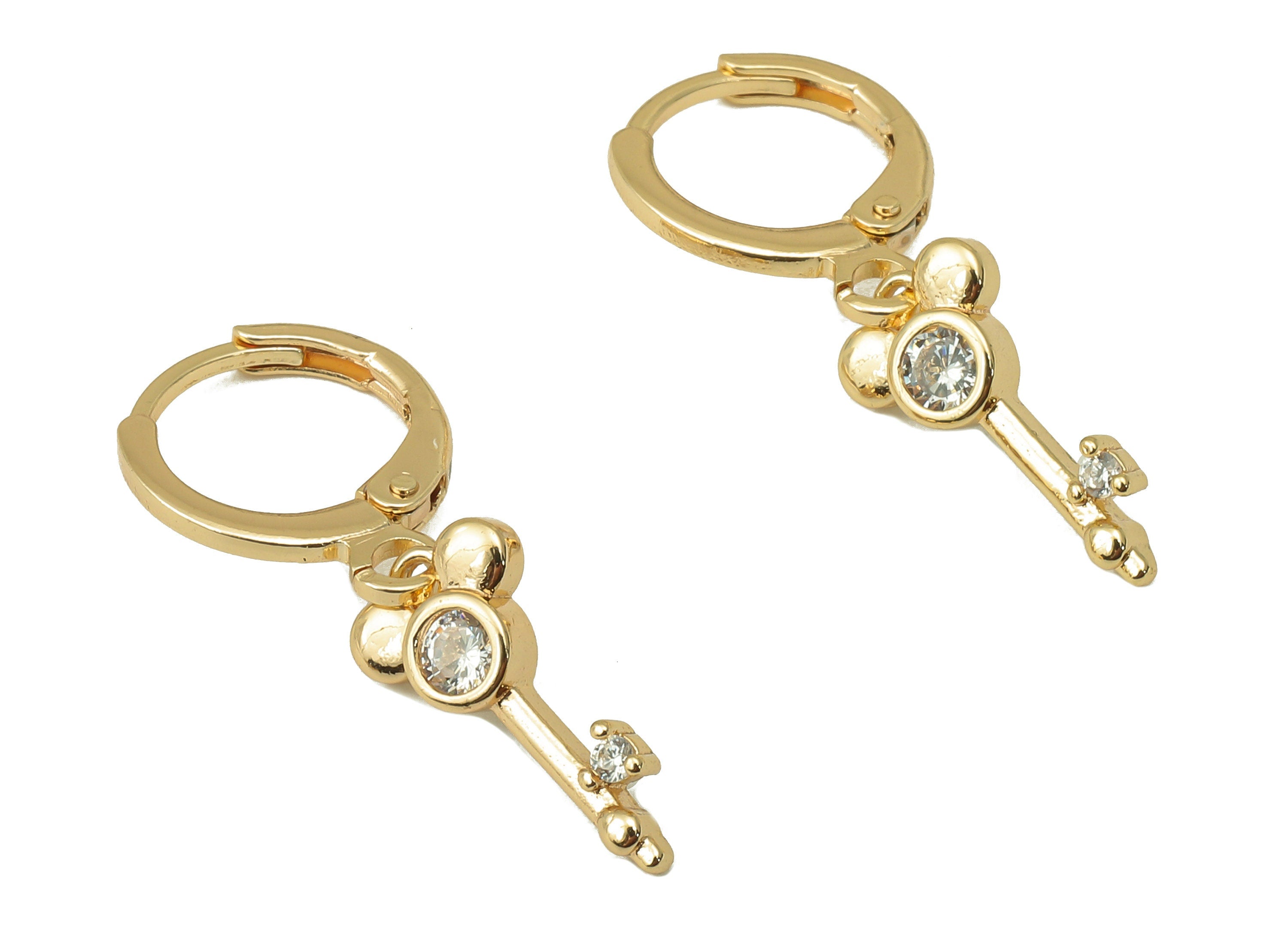 Brass Clasp Earring - Brass CZ Key Lever back Earring Huggie - Cubic Zirconia Mickey Hoop- 18K Real Gold Plating - 28x 11x 2.22mm - RGP6064 - DOMEDBAZAAR