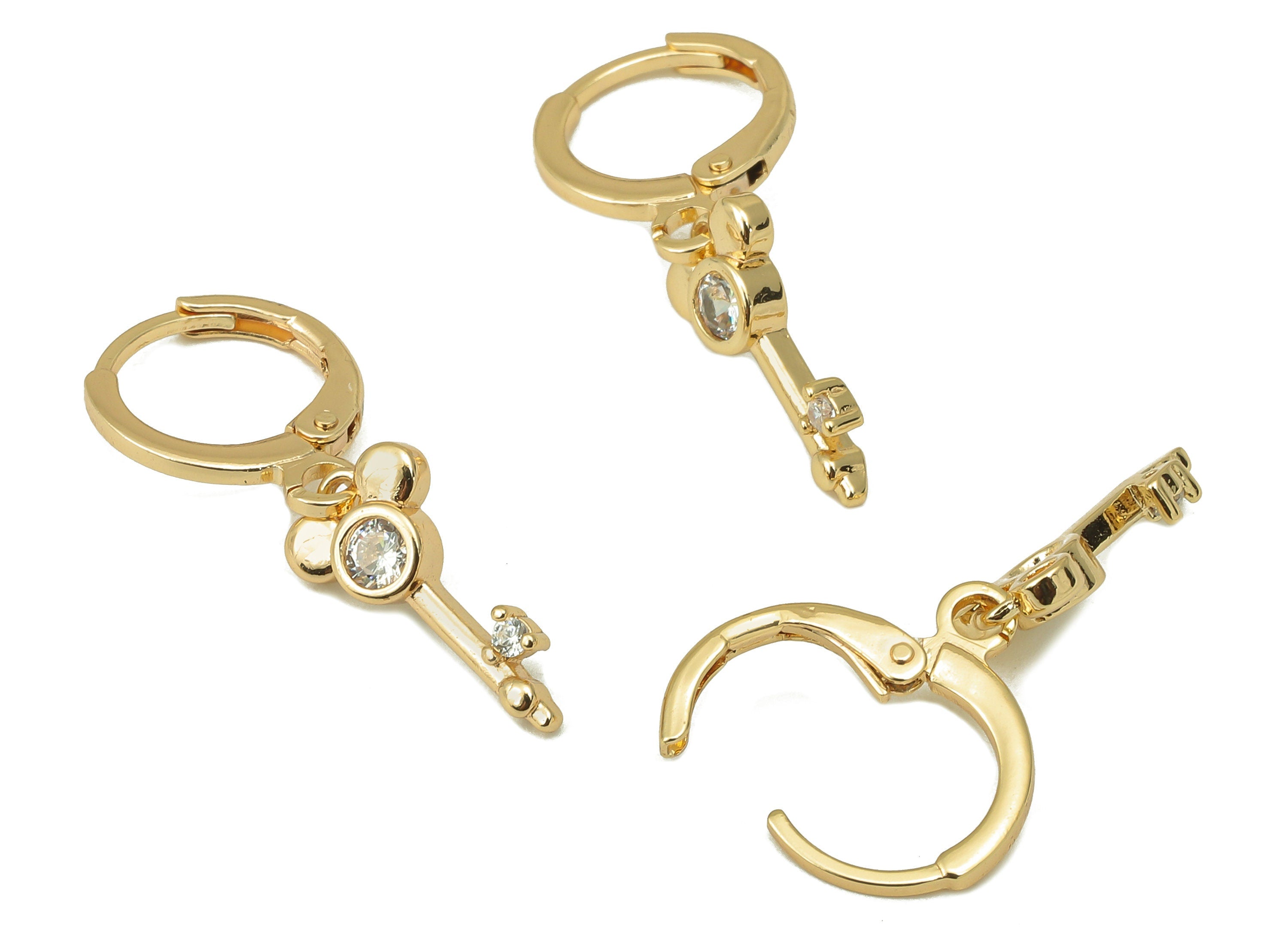 Brass Clasp Earring - Brass CZ Key Lever back Earring Huggie - Cubic Zirconia Mickey Hoop- 18K Real Gold Plating - 28x 11x 2.22mm - RGP6064 - DOMEDBAZAAR