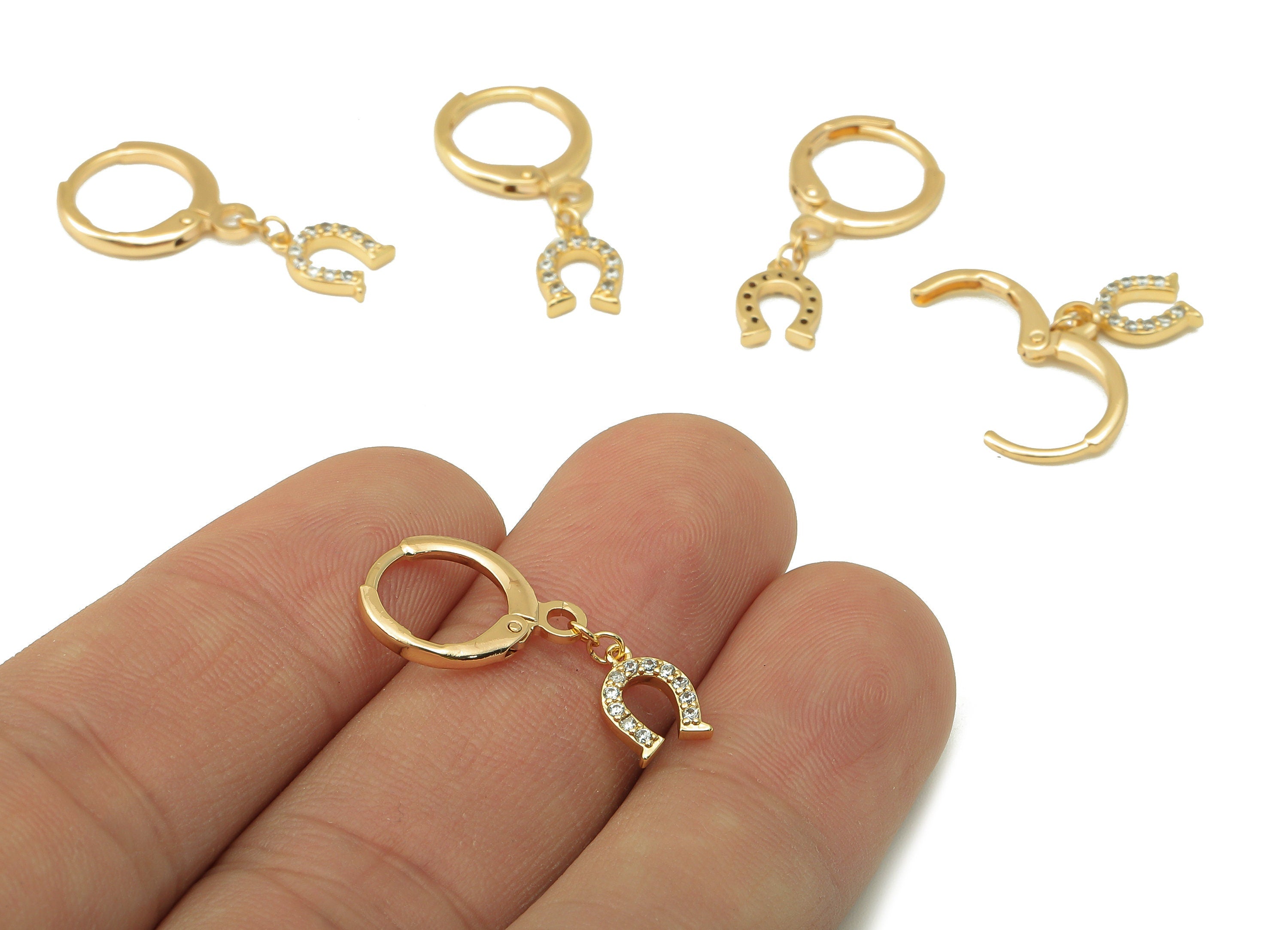Brass Clasp Earring - Brass CZ U Lever back Earring Huggie - Cubic Zirconia Magnet Hoop- 18K Real Gold Plating - 24.76x 11x 1.56mm - RGP6066 - DOMEDBAZAAR