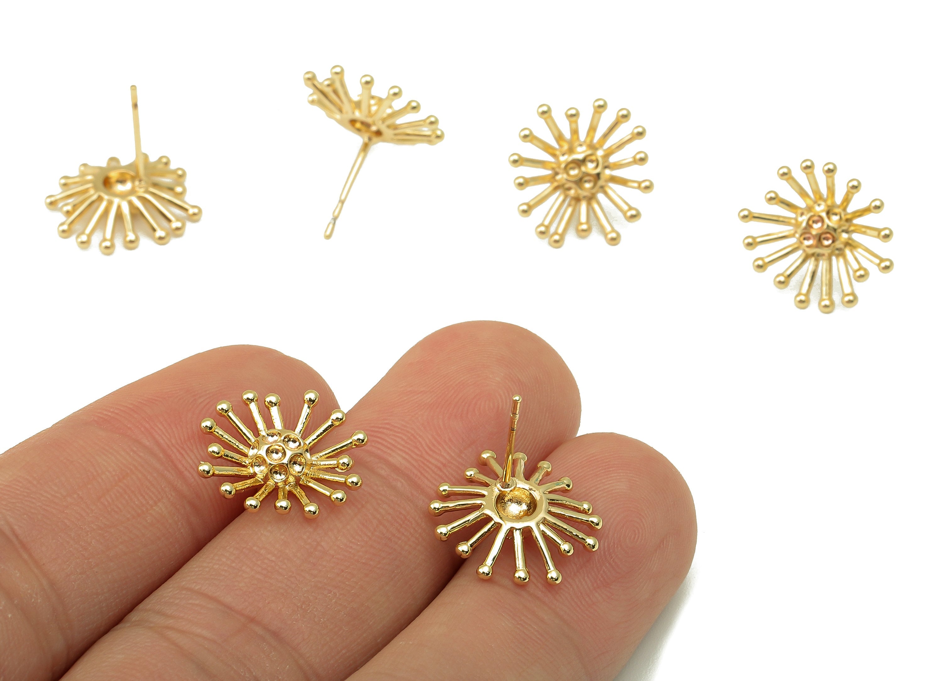 Brass Dandelion Stud - Blooming Flower Earring Post - Botanical Stud Earring - 18K Real Gold Plated -15.2x14.7x1.9mm- RGP5917G - DOMEDBAZAAR