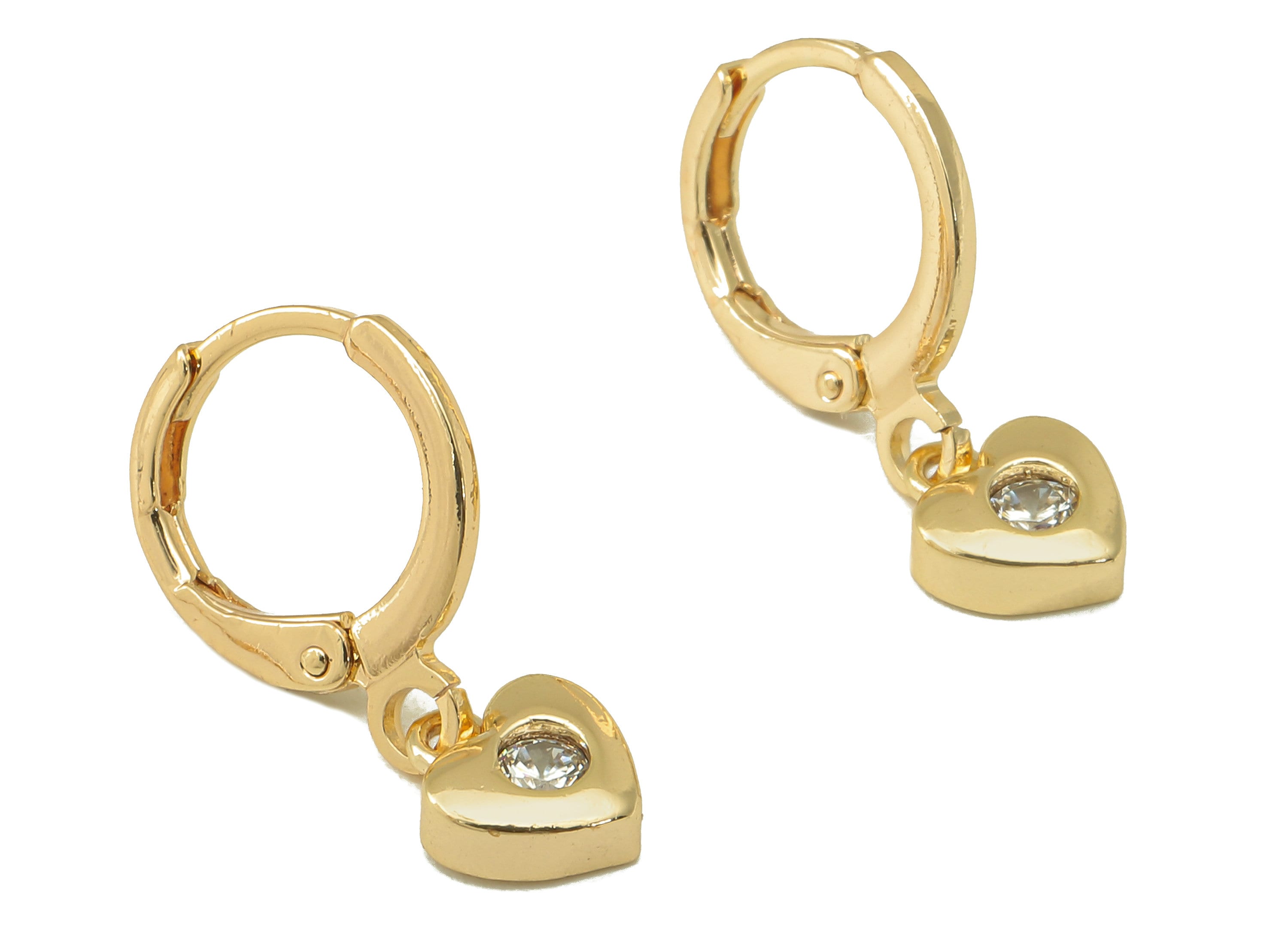 Brass Clasp Earring - Brass CZ Heart Lever back Earring Huggie - Cubic Zirconia Heart Hoop- 18K Real Gold Plating - 21x 11x 1.76mm - RGP6067 - DOMEDBAZAAR