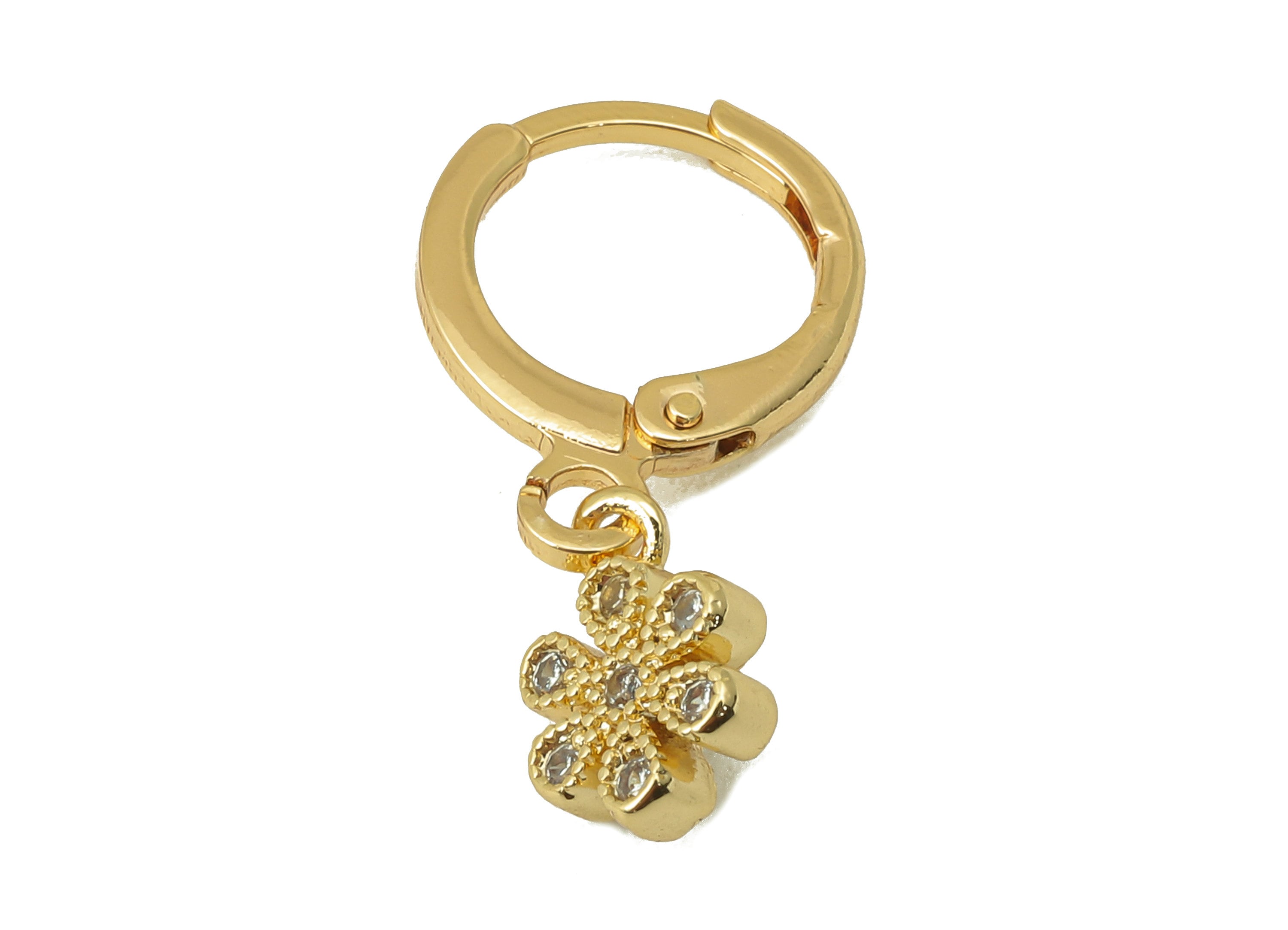 Brass Clasp Earring - Brass CZ Flower Lever back Earring Huggie - Cubic Zirconia Flower Hoop- 18K Real Gold Plating - 22.6x11x2mm - RGP6069 - DOMEDBAZAAR