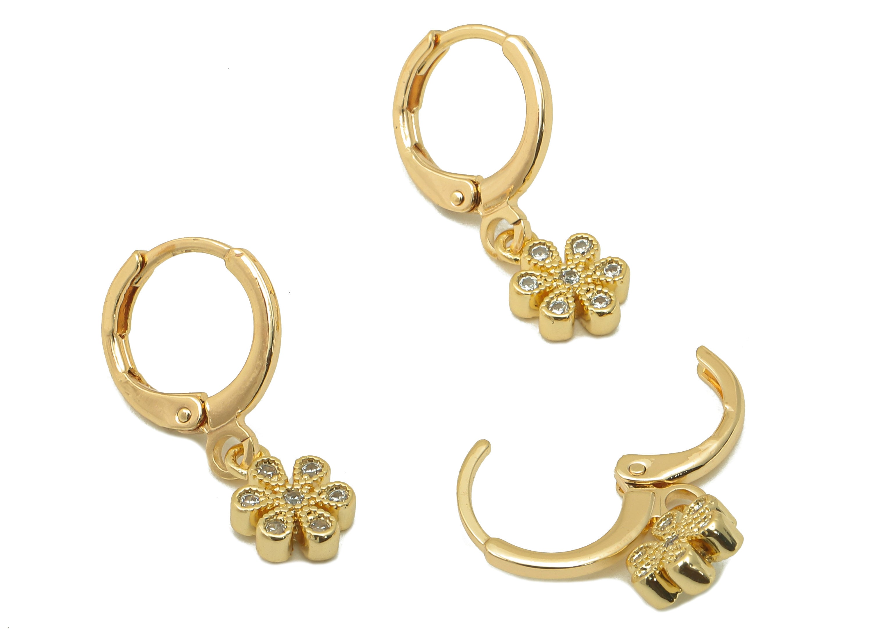 Brass Clasp Earring - Brass CZ Flower Lever back Earring Huggie - Cubic Zirconia Flower Hoop- 18K Real Gold Plating - 22.6x11x2mm - RGP6069 - DOMEDBAZAAR