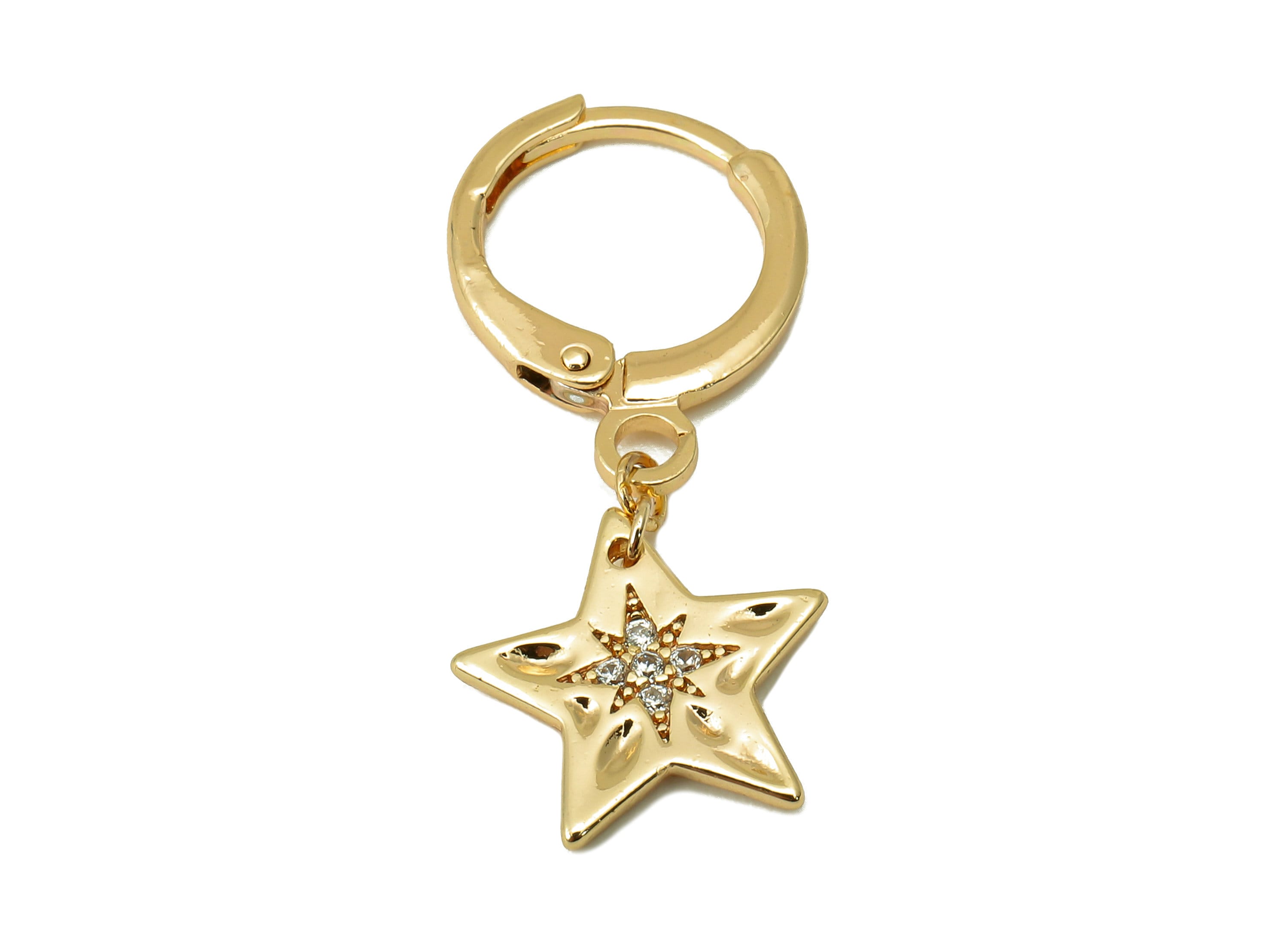 Brass Clasp Earring - CZ North Star Lever back Earring Huggie - Cubic Zirconia Star Hoop- 18K Real Gold Plating -27.36x 11x 1.27mm - RGP6071 - DOMEDBAZAAR