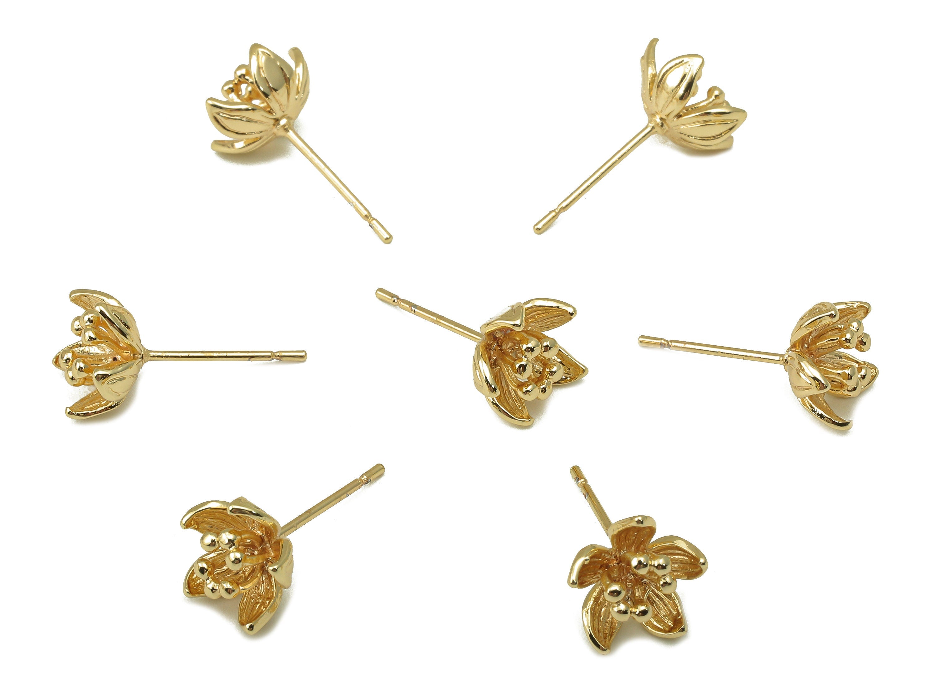 Brass Tulip Stud Earring - Waterlily Earring Post - Botanical Earring - 18K Real Gold Plated - 9x8.5x1.3mm RGP5919G - DOMEDBAZAAR