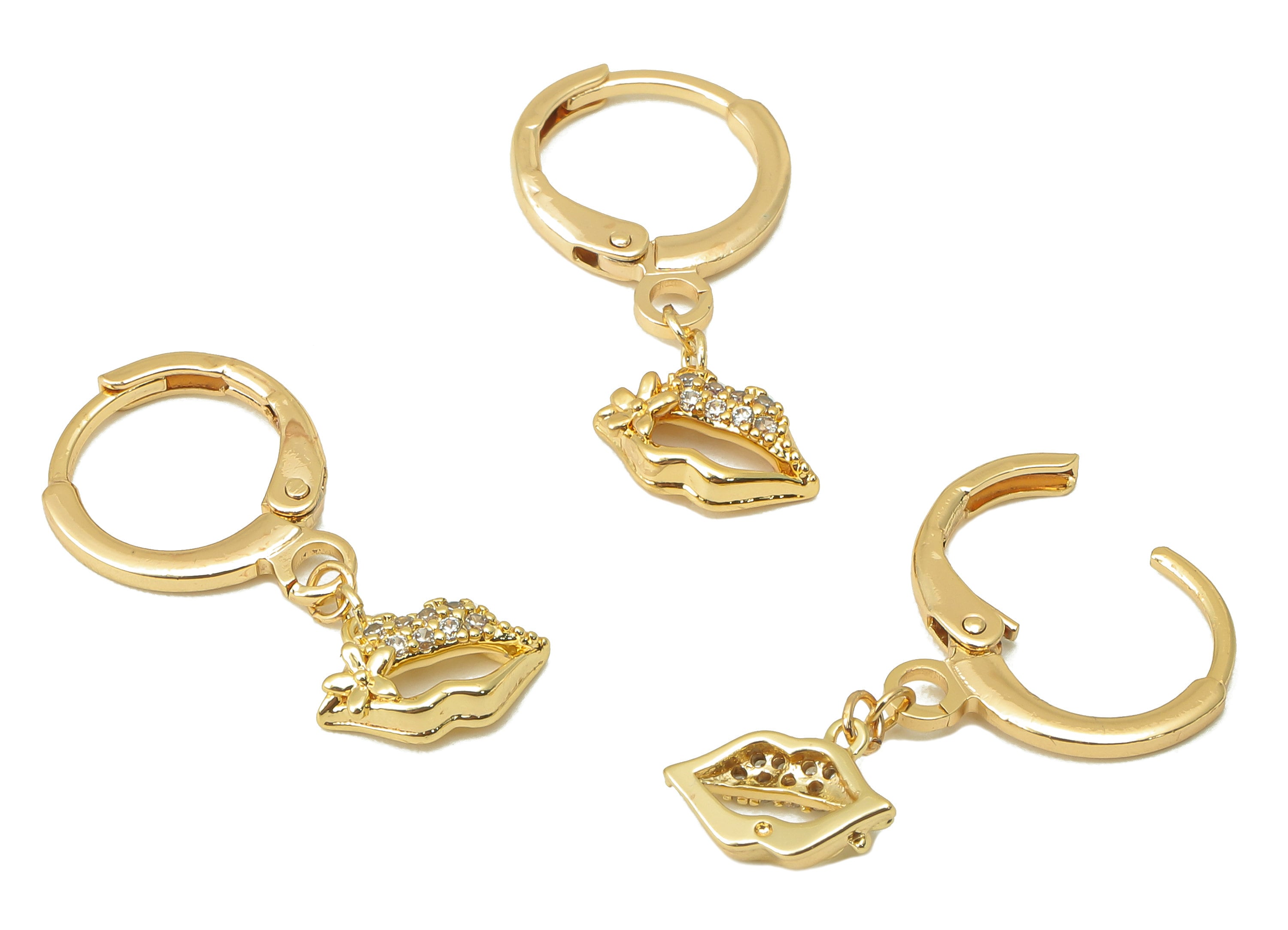 Brass Clasp Earring - CZ Lips Lever back Earring Huggie - Cubic Zirconia Mouth Flower Hoop- 18K Real Gold Plating -25x 11x 2.43mm - RGP6073 - DOMEDBAZAAR