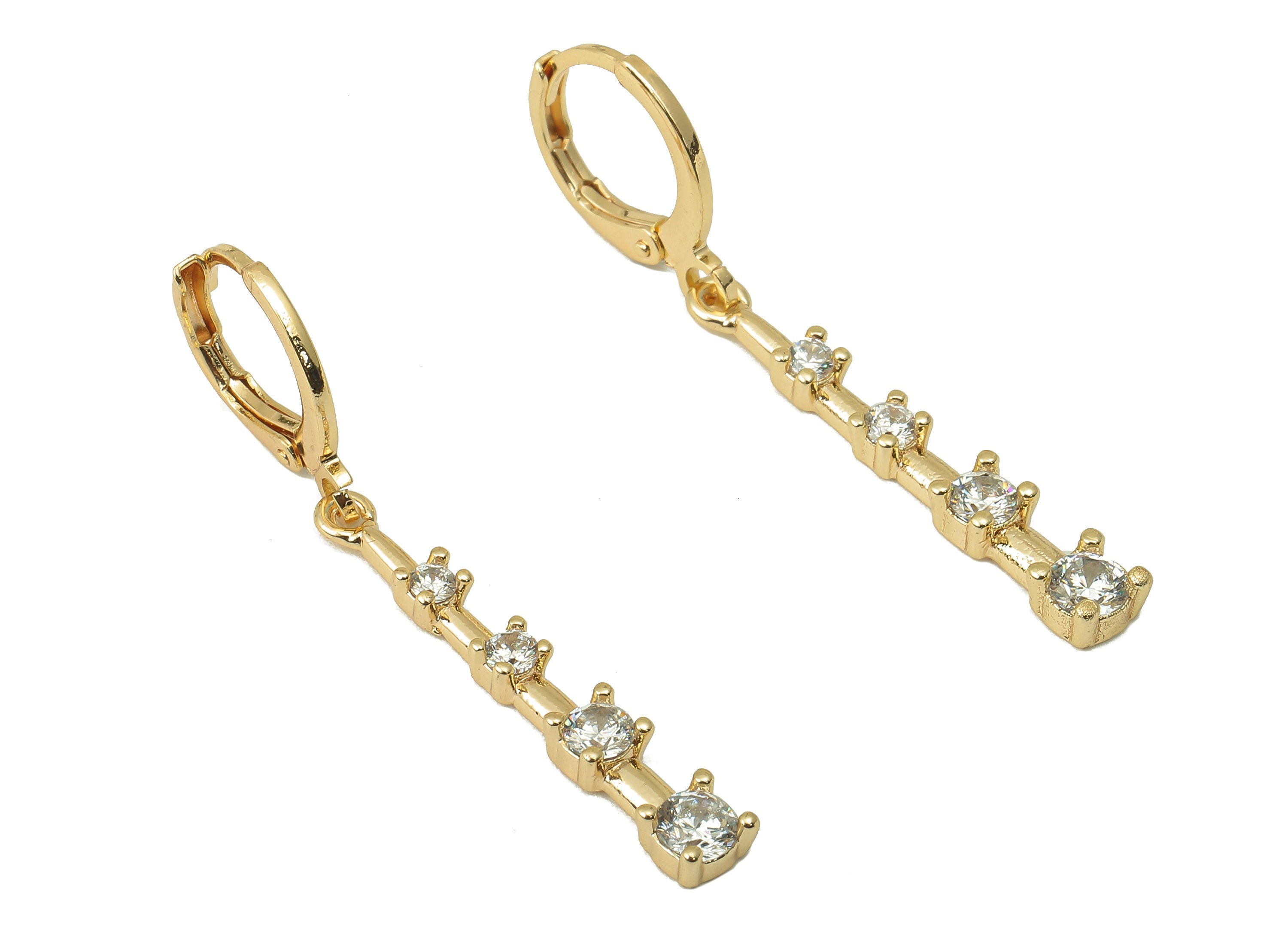 Brass Clasp Earring - CZ Solitaire Lever back Earring Huggie - Cubic Zirconia Rectangle Bar Hoop- 18K Real Gold Plating -41x11x3mm - RGP6074 - DOMEDBAZAAR