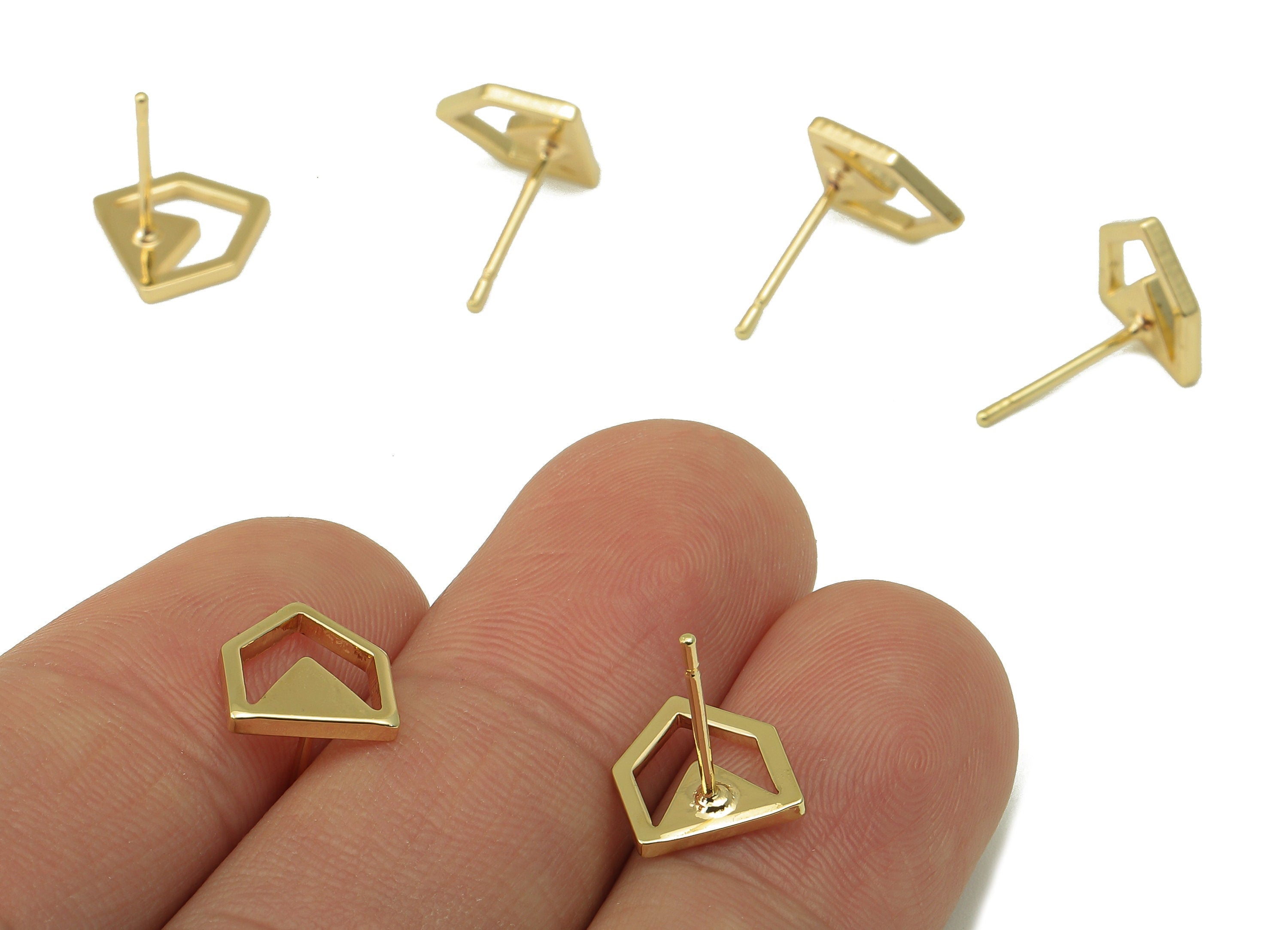 Brass Pentagon Stud Earring - Mini House Earring Post - Hollow Triangle Earring - 18K Real Gold Plated - 10x9.2x1.3mm- RGP5920G - DOMEDBAZAAR