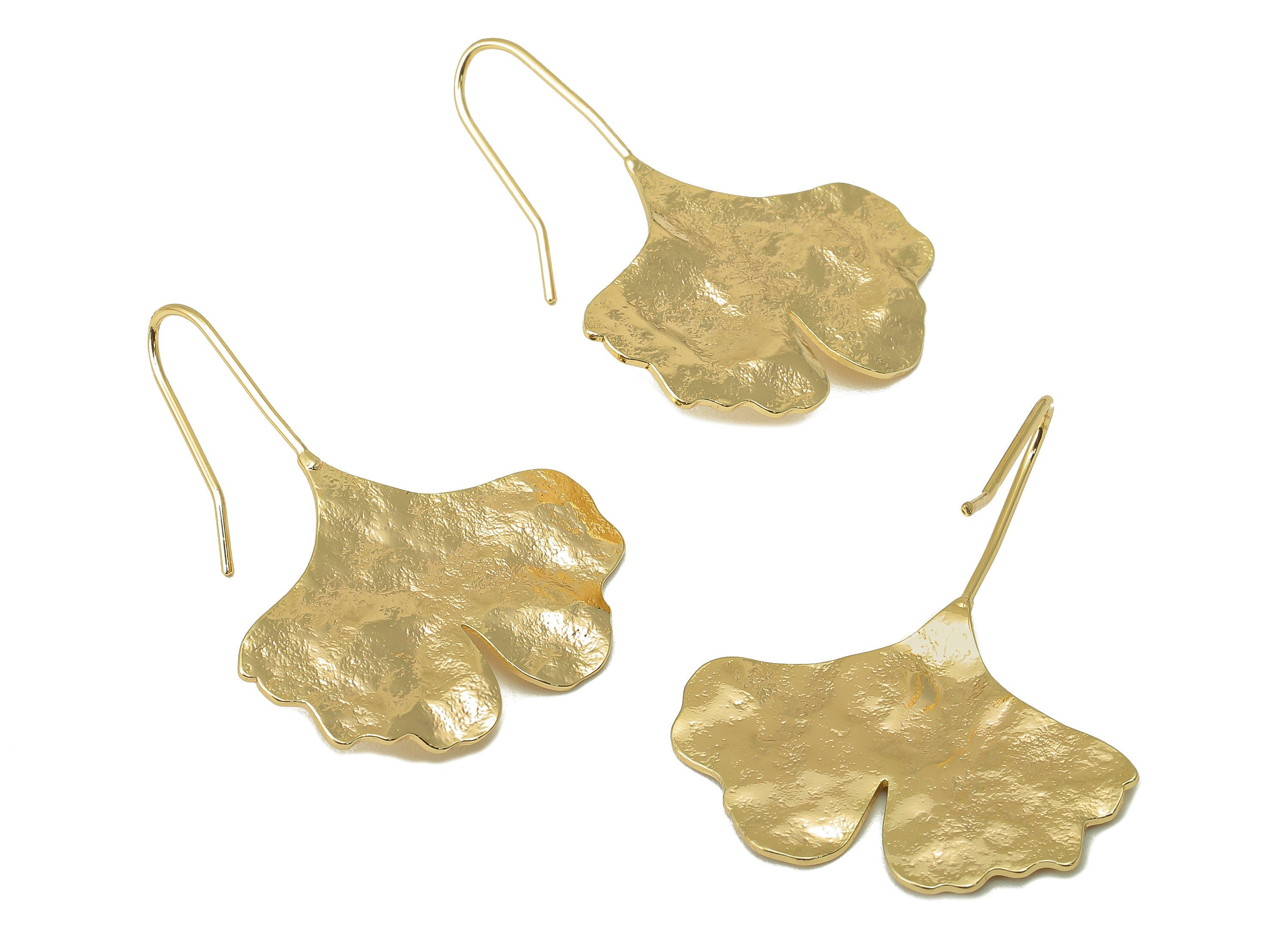 Brass Wires Ginkgo Earring - Brass Ear Leaf Earring -Textured Botanical Earring- 18K Real Gold Plating - 37.34x 29.27x 1.24mm - RGP6077 - DOMEDBAZAAR