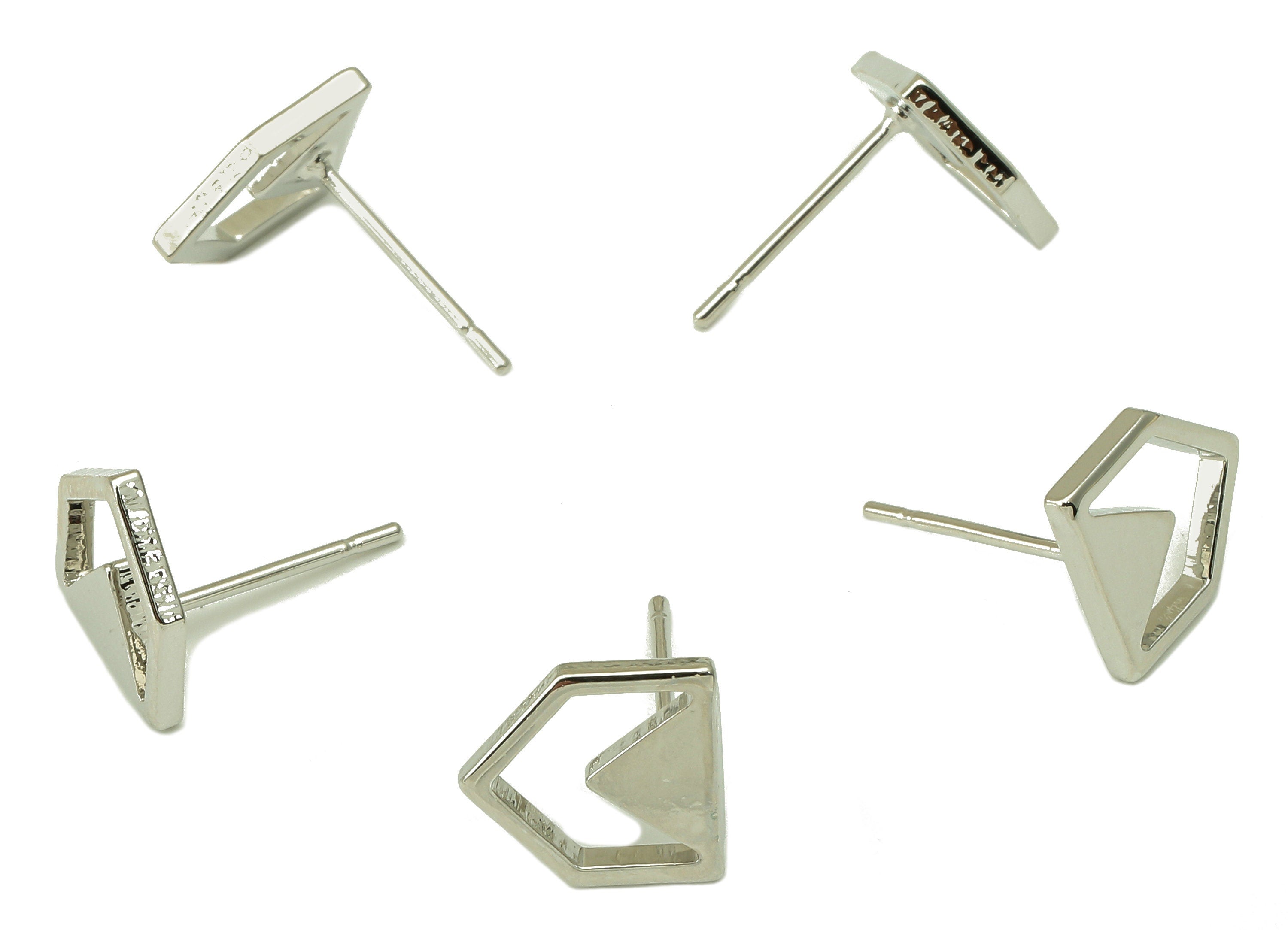 Silver Pentagon Stud Earring - Mini House Earring Post - Hollow Triangle Earring - 18K Real White Gold Plated - 10x9.2x1.3mm- RGP5920S - DOMEDBAZAAR