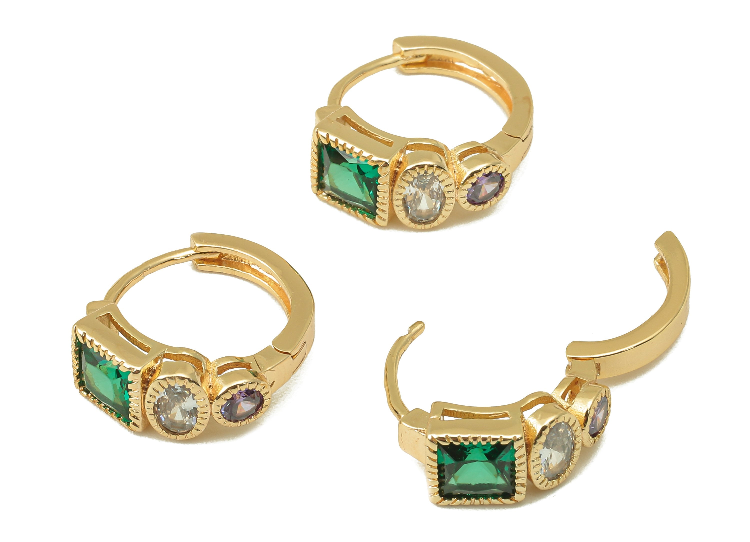 Brass Green Princess Clasp Hoop Earring -CZ Clasp Hoop Earring - Zirconia Clasp Hoop- 18K Real Gold Plating -16.41x 14.2x 3.51mm - RGP6092 - DOMEDBAZAAR