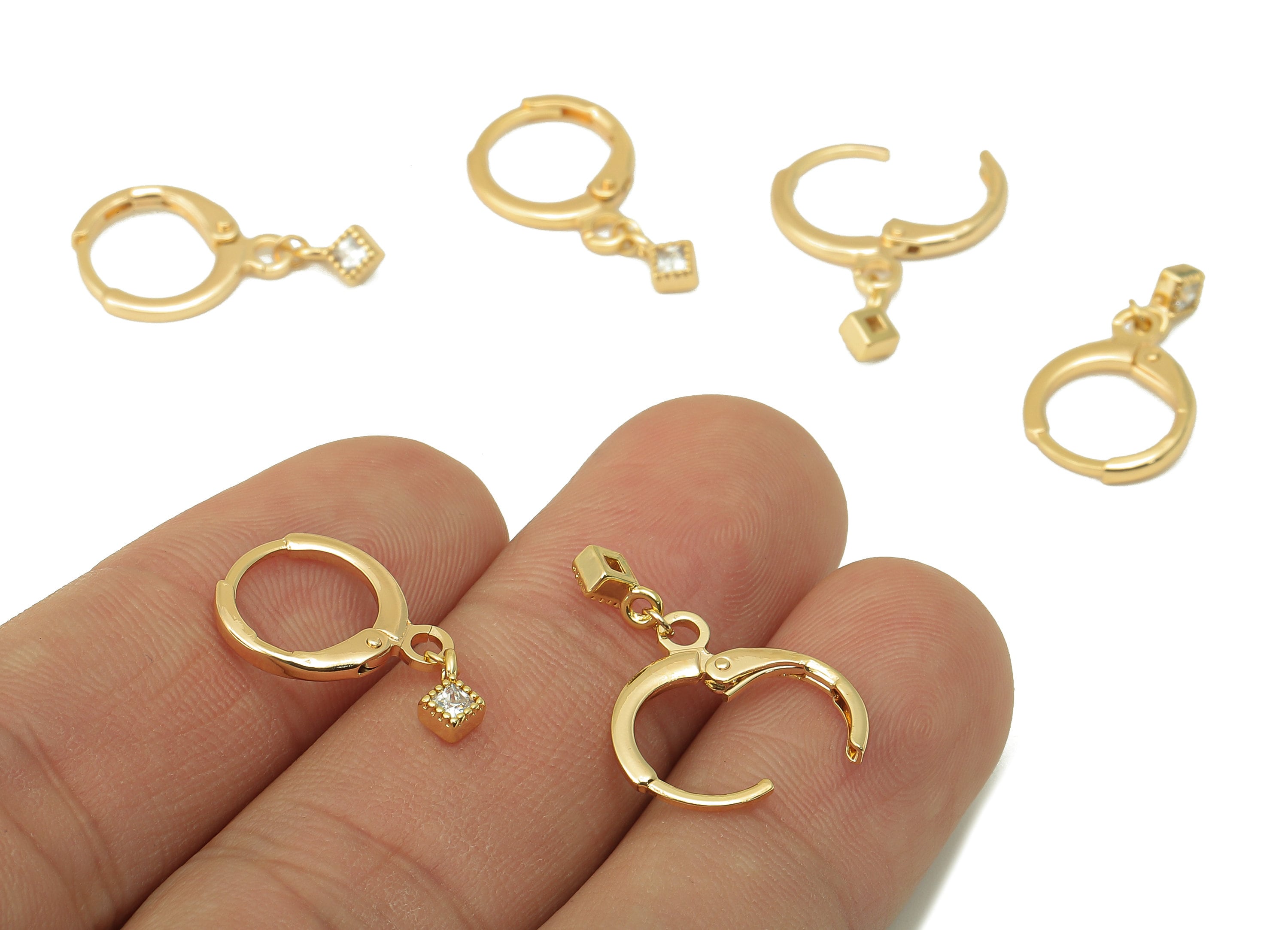 Brass Clasp Earring - Brass CZ Cube Lever back Earring Huggie - Cubic Zirconia Mini Cube Hoop- 18K Real Gold Plating -21x11x1.76mm - RGP6094 - DOMEDBAZAAR