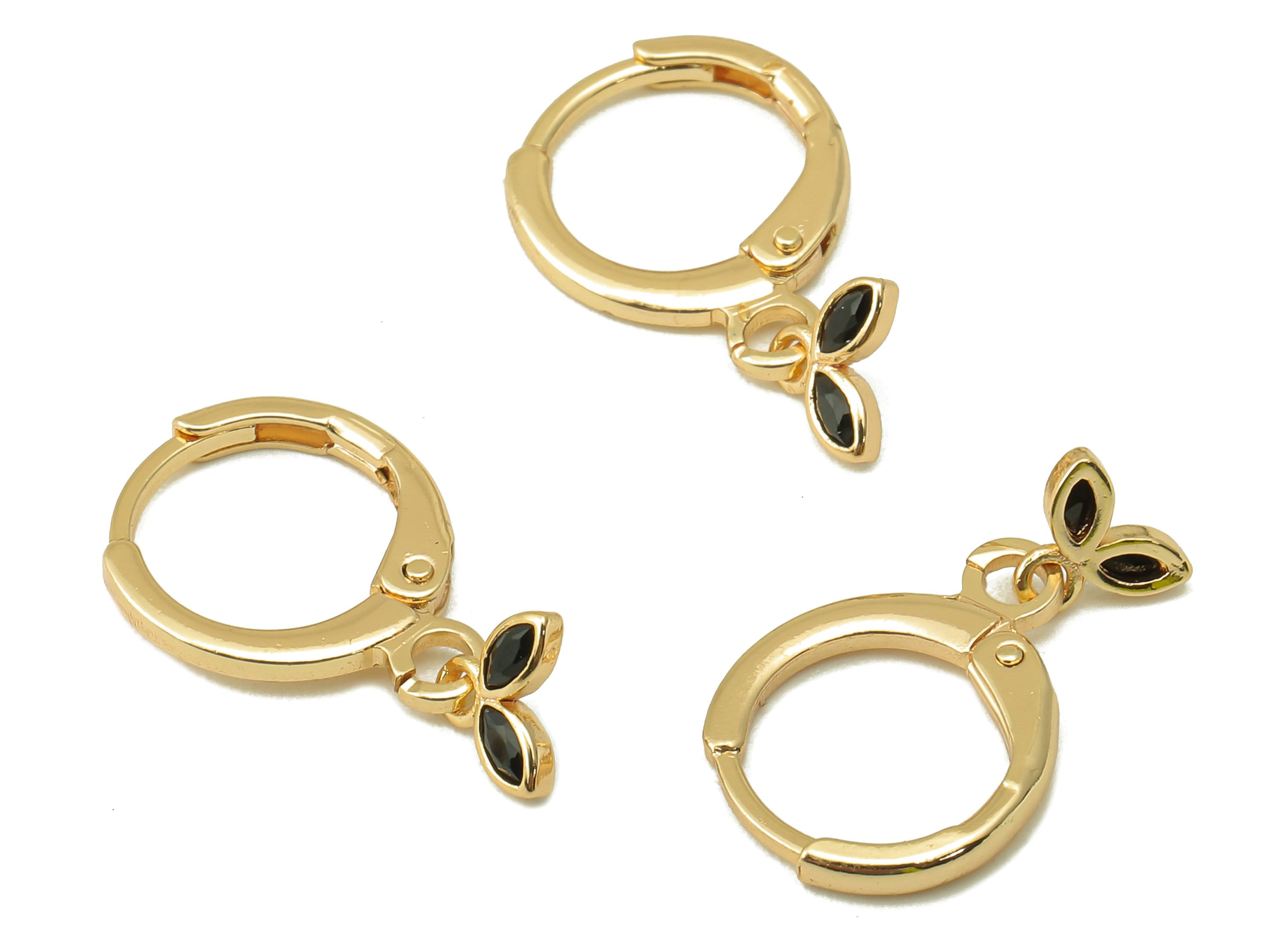 Brass Clasp Earring - Brass CZ Leaf Lever back Earring Huggie - Cubic Zirconia Mini Leaf Hoop- 18K Real Gold Plating -19x 11x 1mm - RGP6095 - DOMEDBAZAAR