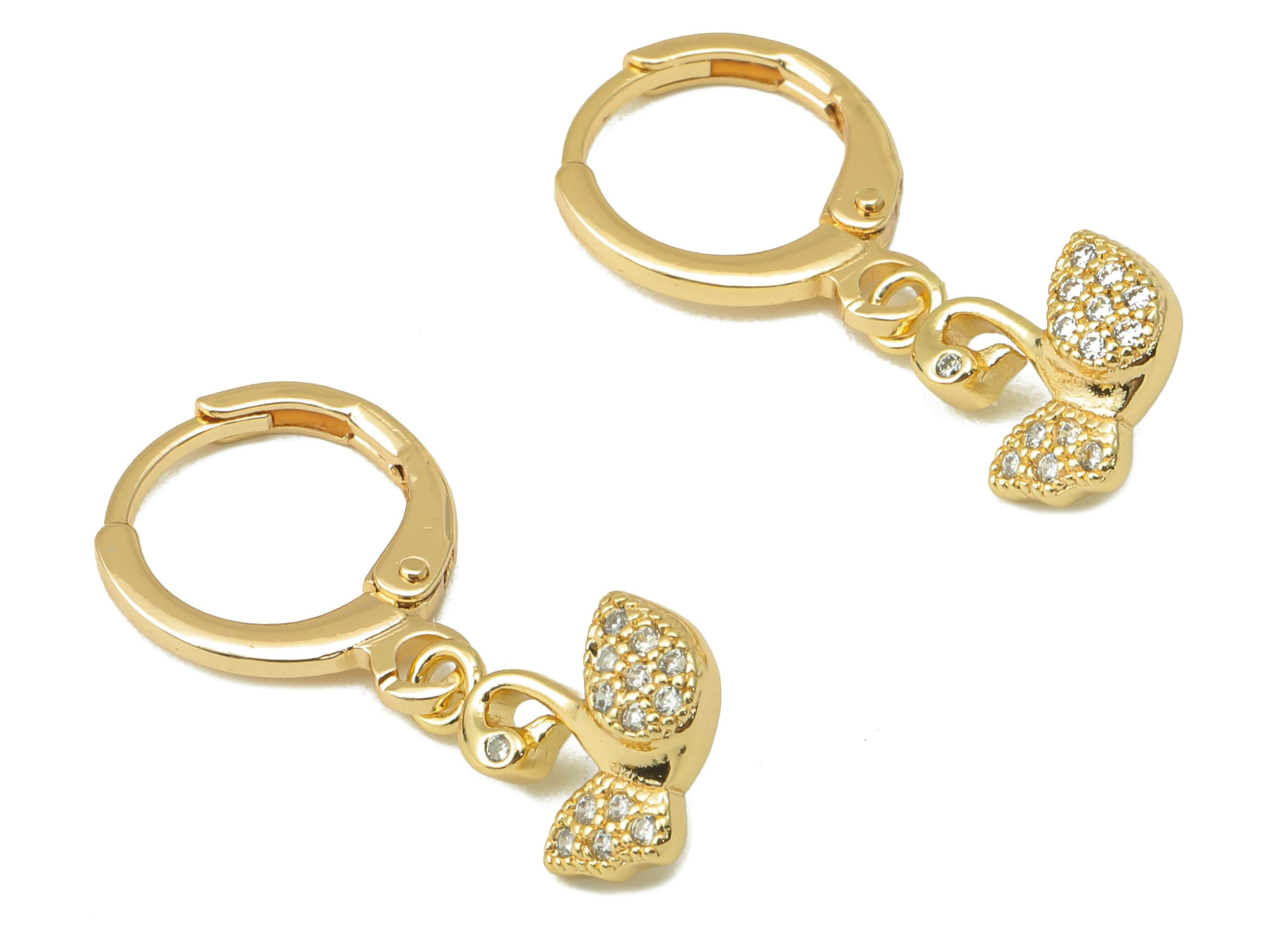 Brass Clasp Earring - Brass CZ Swan Lever back Earring Huggie - Cubic Zirconia White Swan Hoop- 18K Real Gold Plating -22x11.5x1mm - RGP6096 - DOMEDBAZAAR