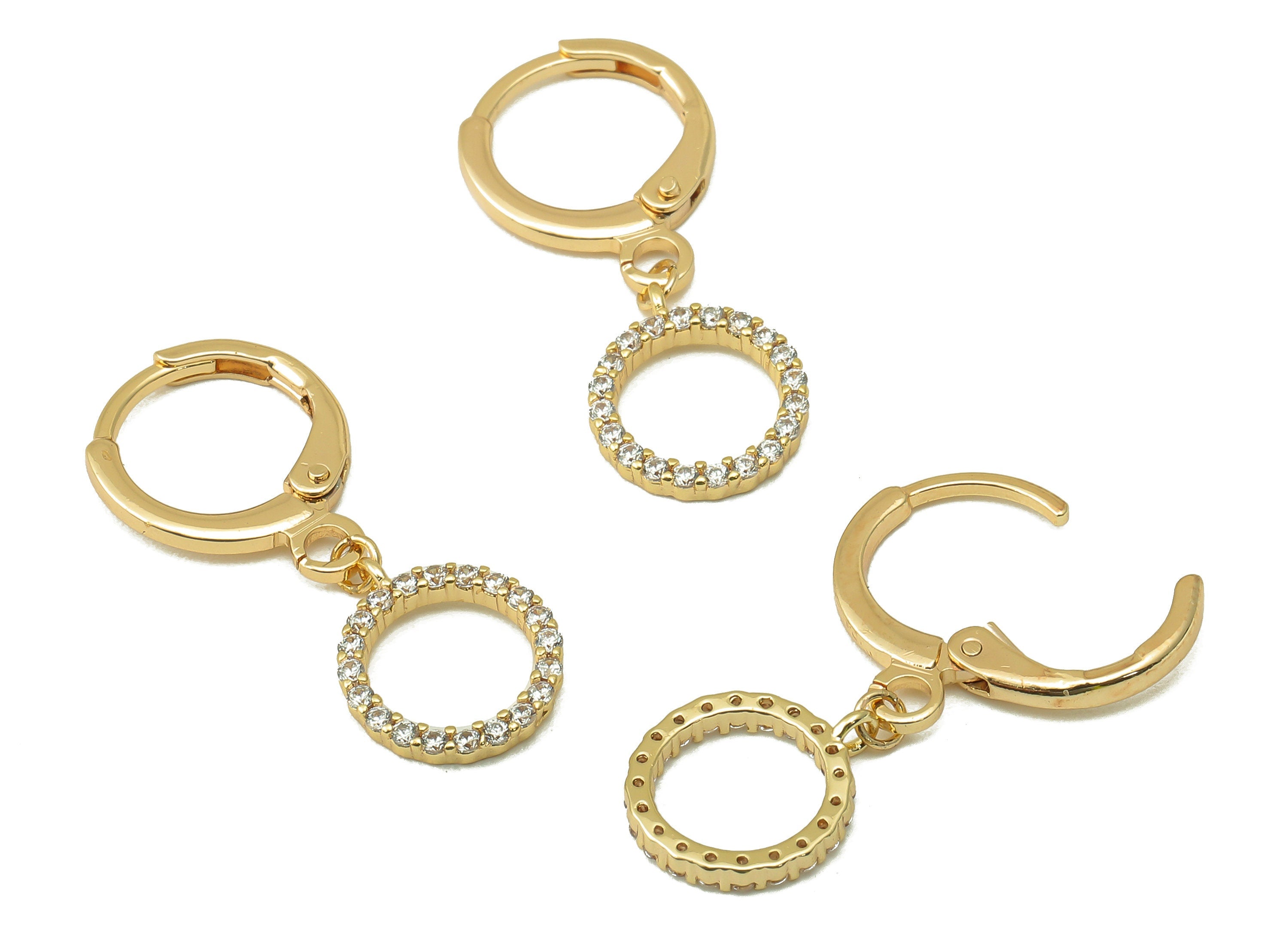 Brass Clasp Earring - Brass CZ Round Lever back Earring Huggie - Cubic Zirconia Circle Hoop - 18K Real Gold Plating - 26x 11x1.6mm - RGP6099 - DOMEDBAZAAR
