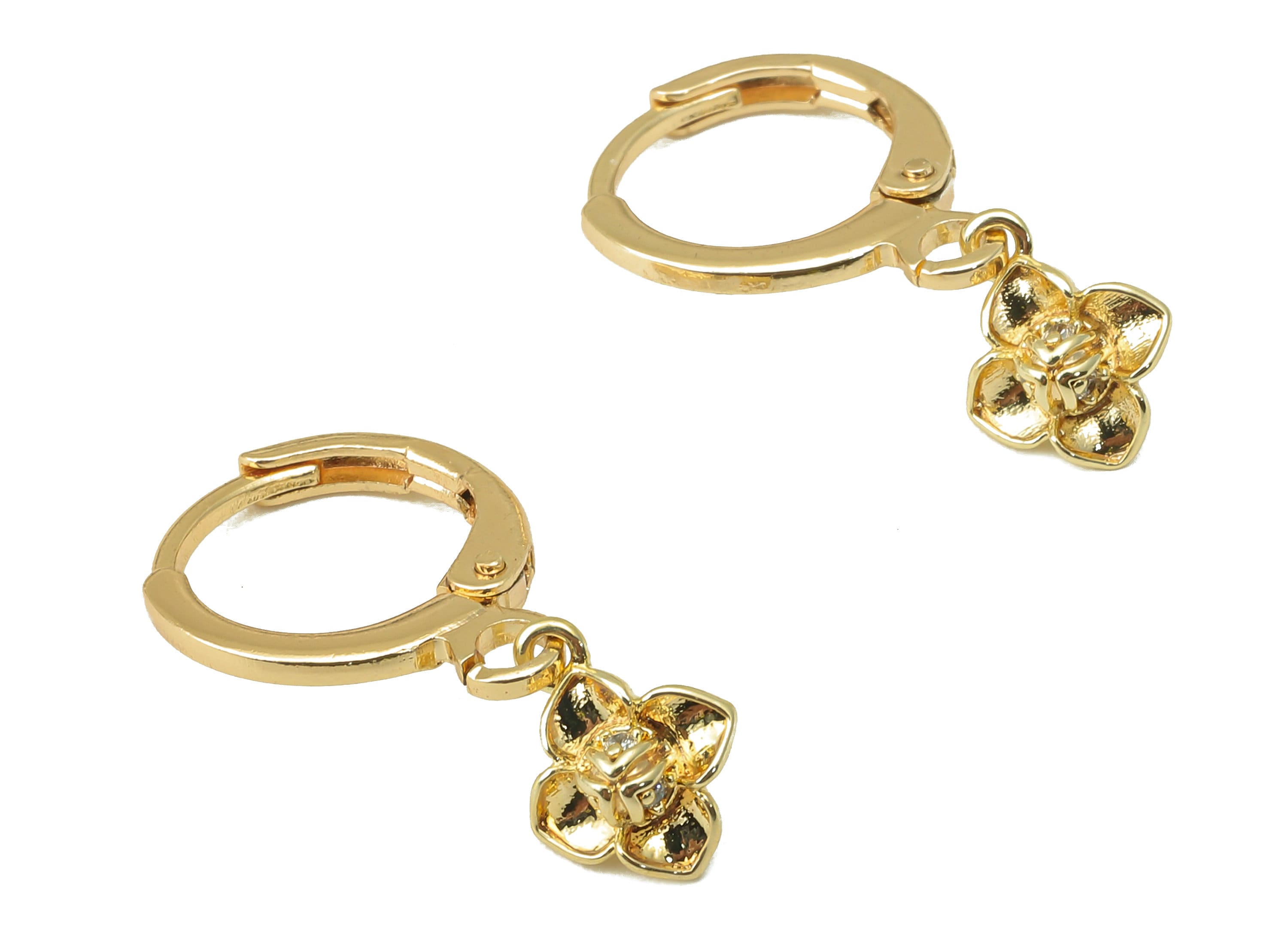 Brass Clasp Earring - Brass Flower Lever back Earring Huggie - Cubic Flower Hoop - 18K Real Gold Plating -21x11x1.75mm - RGP6100 - DOMEDBAZAAR