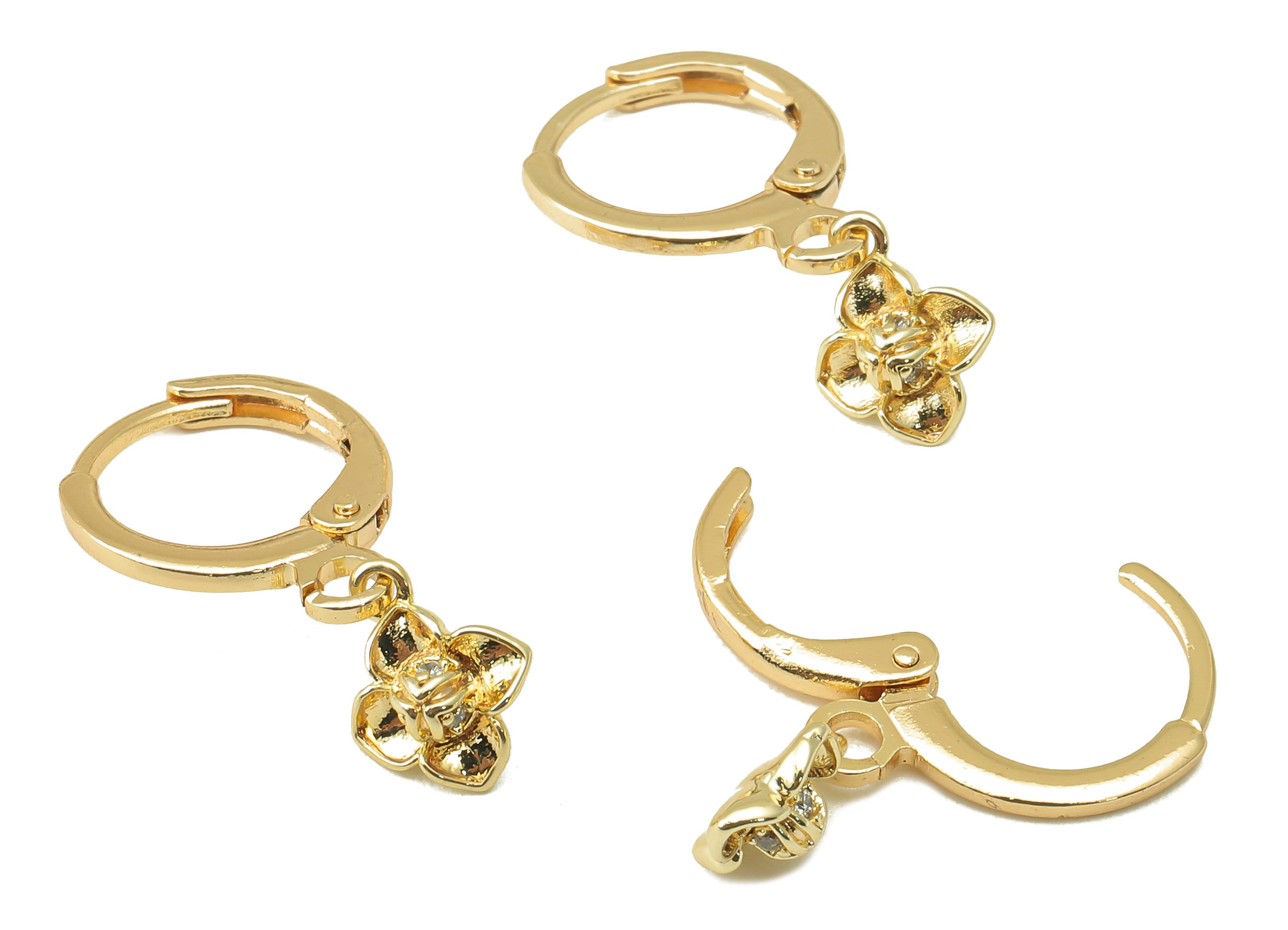 Brass Clasp Earring - Brass Flower Lever back Earring Huggie - Cubic Flower Hoop - 18K Real Gold Plating -21x11x1.75mm - RGP6100 - DOMEDBAZAAR