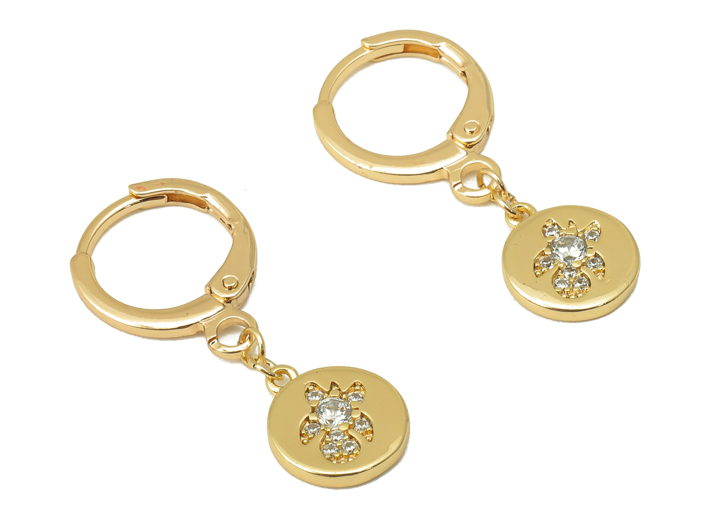 Brass Clasp Earring - Brass CZ Round Lever back Earring Huggie - Cubic Zirconia Turtle Hoop - 18K Real Gold Plating -27x11x1.65mm - RGP6101 - DOMEDBAZAAR