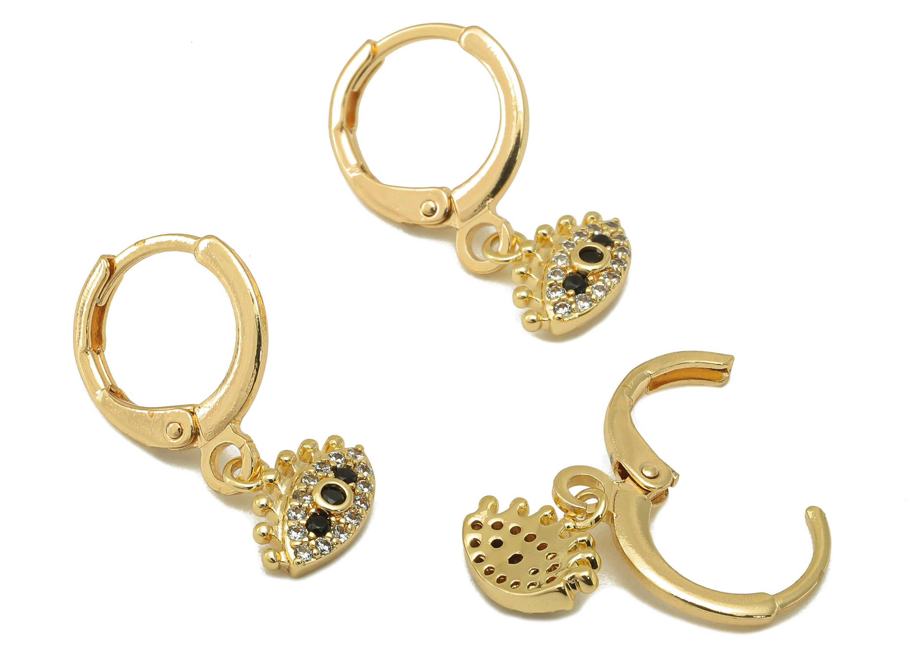 Brass Clasp Earring - Brass CZ Eye Lever back Earring Huggie - Cubic Zirconia Eye Hoop - 18K Real Gold Plating -21.8x 11x 1.99mm - RGP6103 - DOMEDBAZAAR