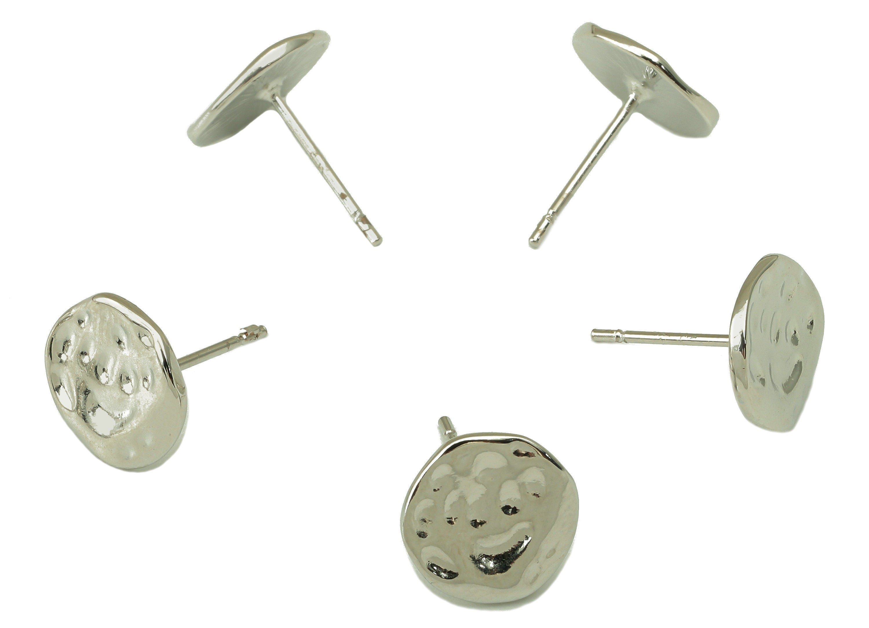 Silver Hammered Earring Stud - Textured Round Earring Post - Irregular Stud Earrings- 18K Real White Gold Plated - 10x10x1mm-RGP5923S - DOMEDBAZAAR