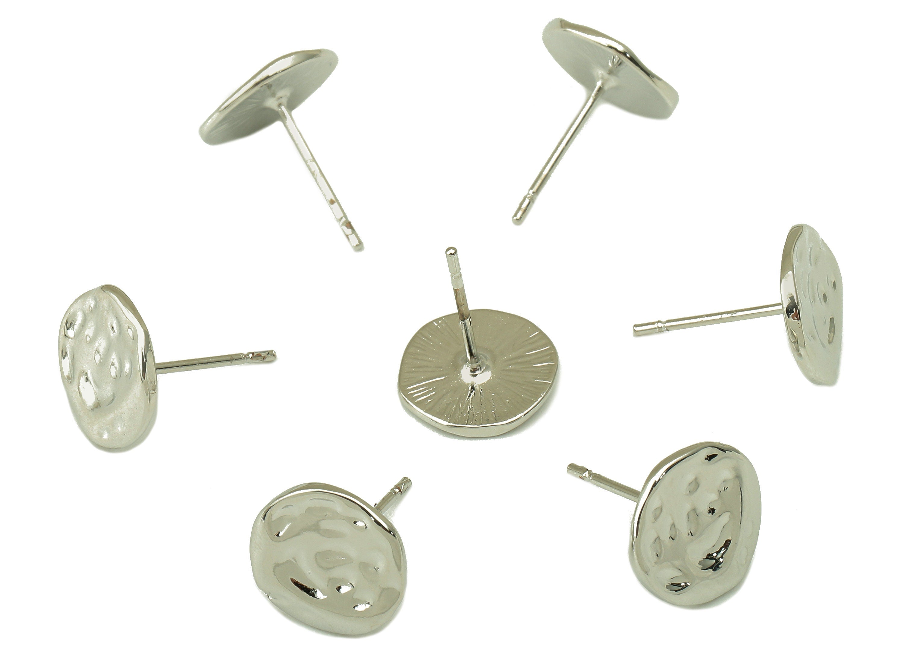 Silver Hammered Earring Stud - Textured Round Earring Post - Irregular Stud Earrings- 18K Real White Gold Plated - 10x10x1mm-RGP5923S - DOMEDBAZAAR