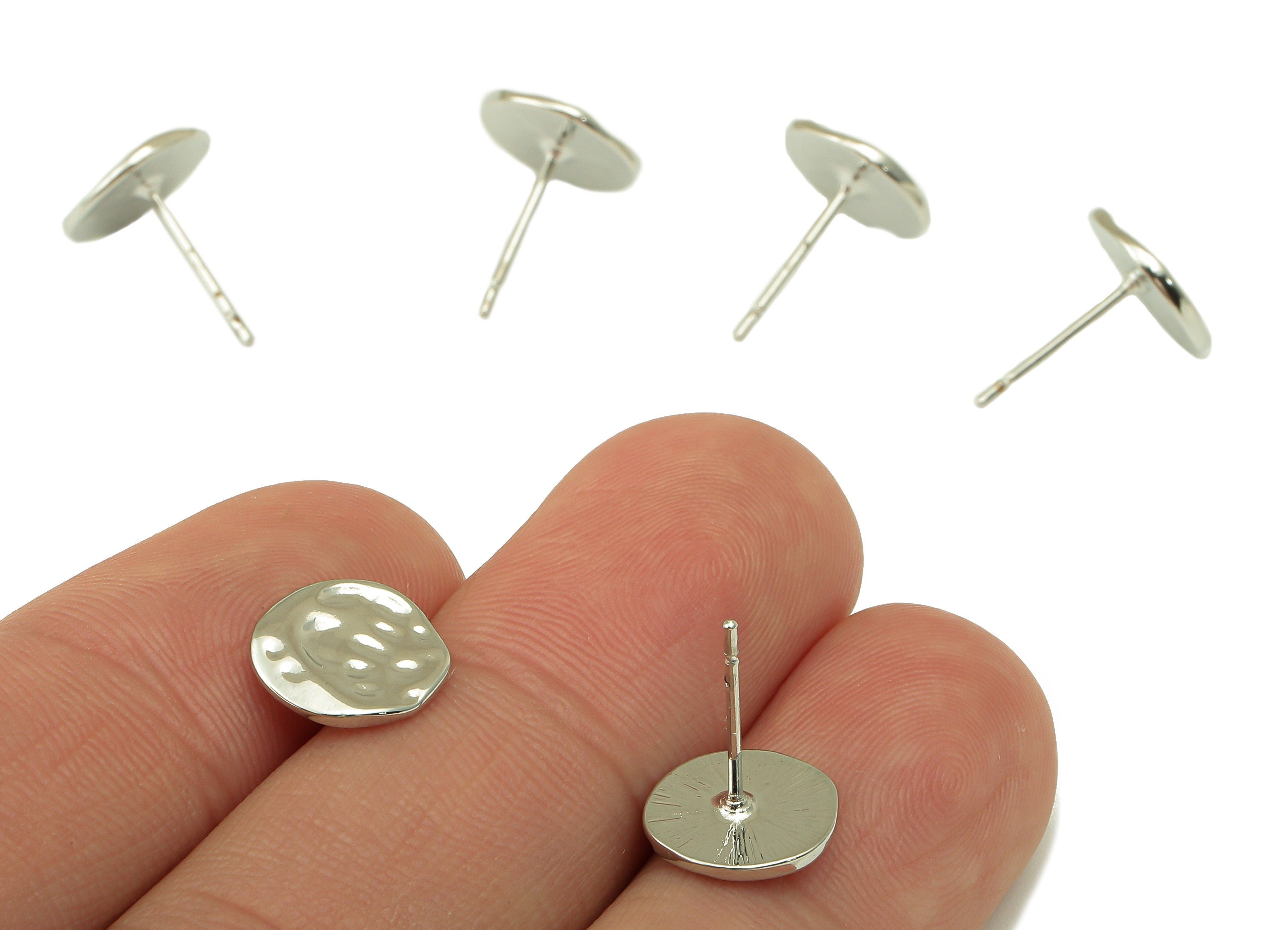 Silver Hammered Earring Stud - Textured Round Earring Post - Irregular Stud Earrings- 18K Real White Gold Plated - 10x10x1mm-RGP5923S - DOMEDBAZAAR
