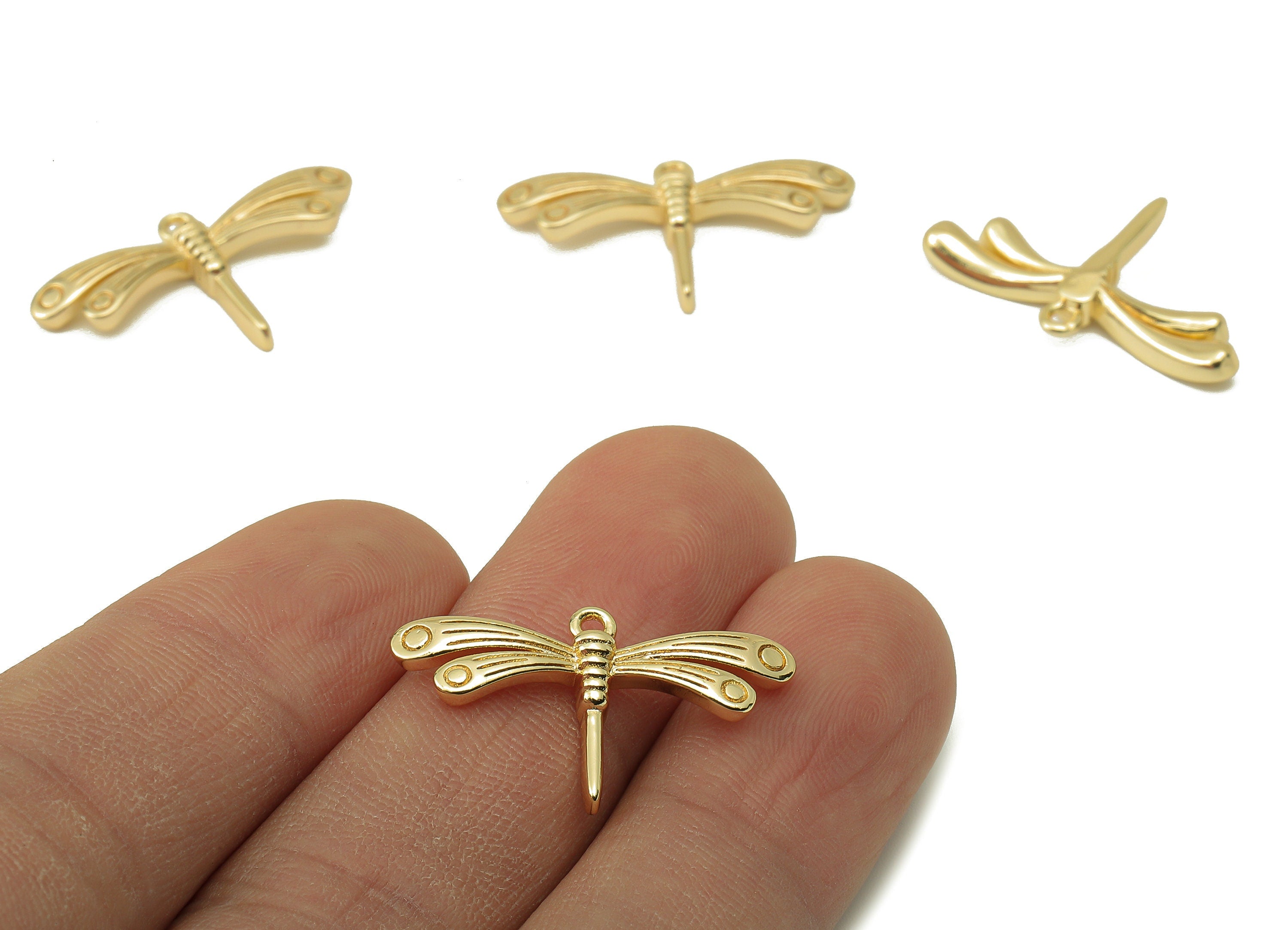 Brass Dragonfly Earring Charm - Brass Dragonfly Charm for Necklace - Brass Gold Pendent - 18K Real Gold Plating-25.75x 15.04x 2.38mm-RGP5876 - DOMEDBAZAAR