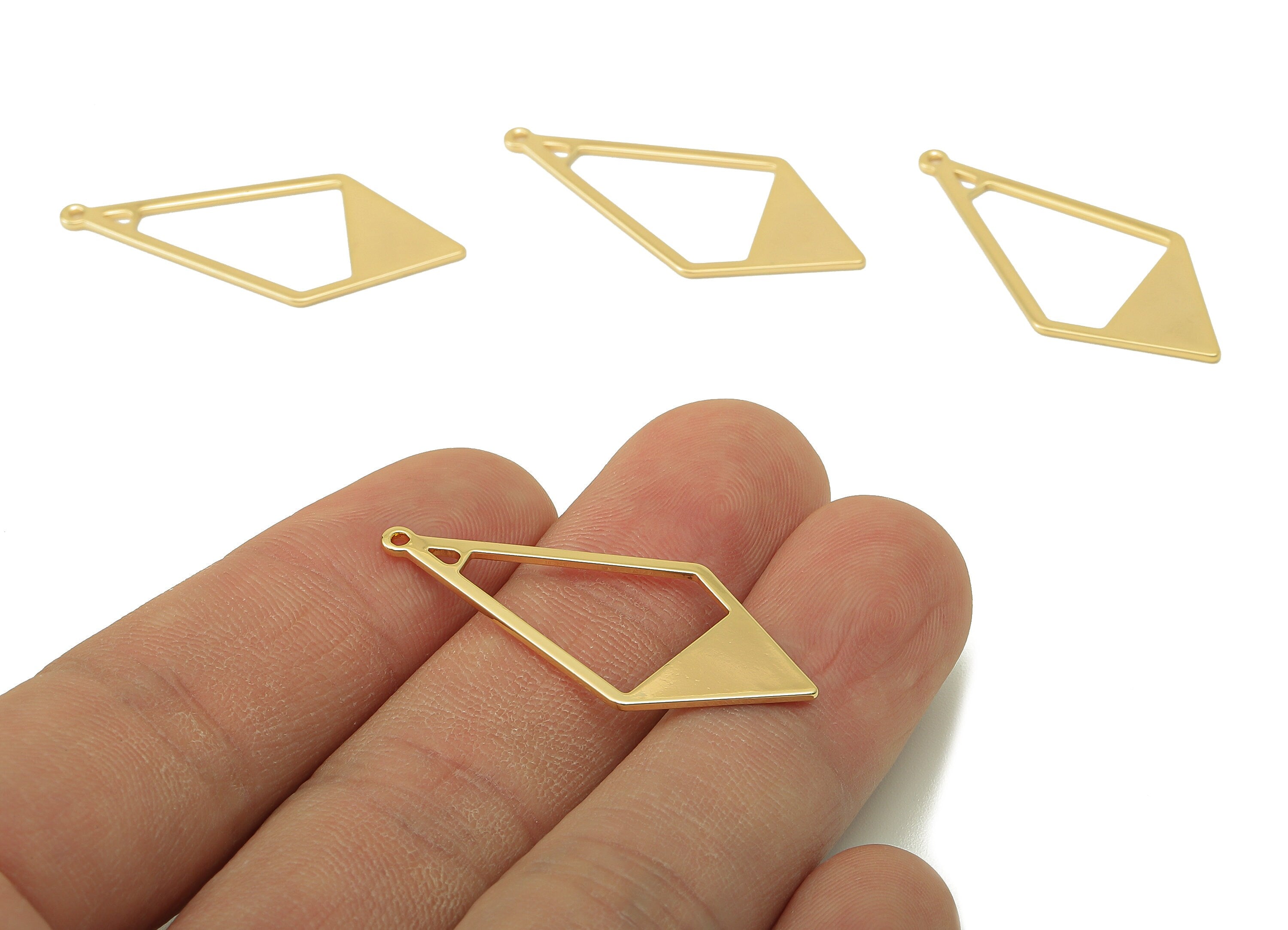 Brass Diamond Earring Charm - Brass Geometry Charm for Necklace - Deltoid Gold Pendent - 18K Real Gold Plating-36.2x 16.61x 0.88mm-RGP5877 - DOMEDBAZAAR