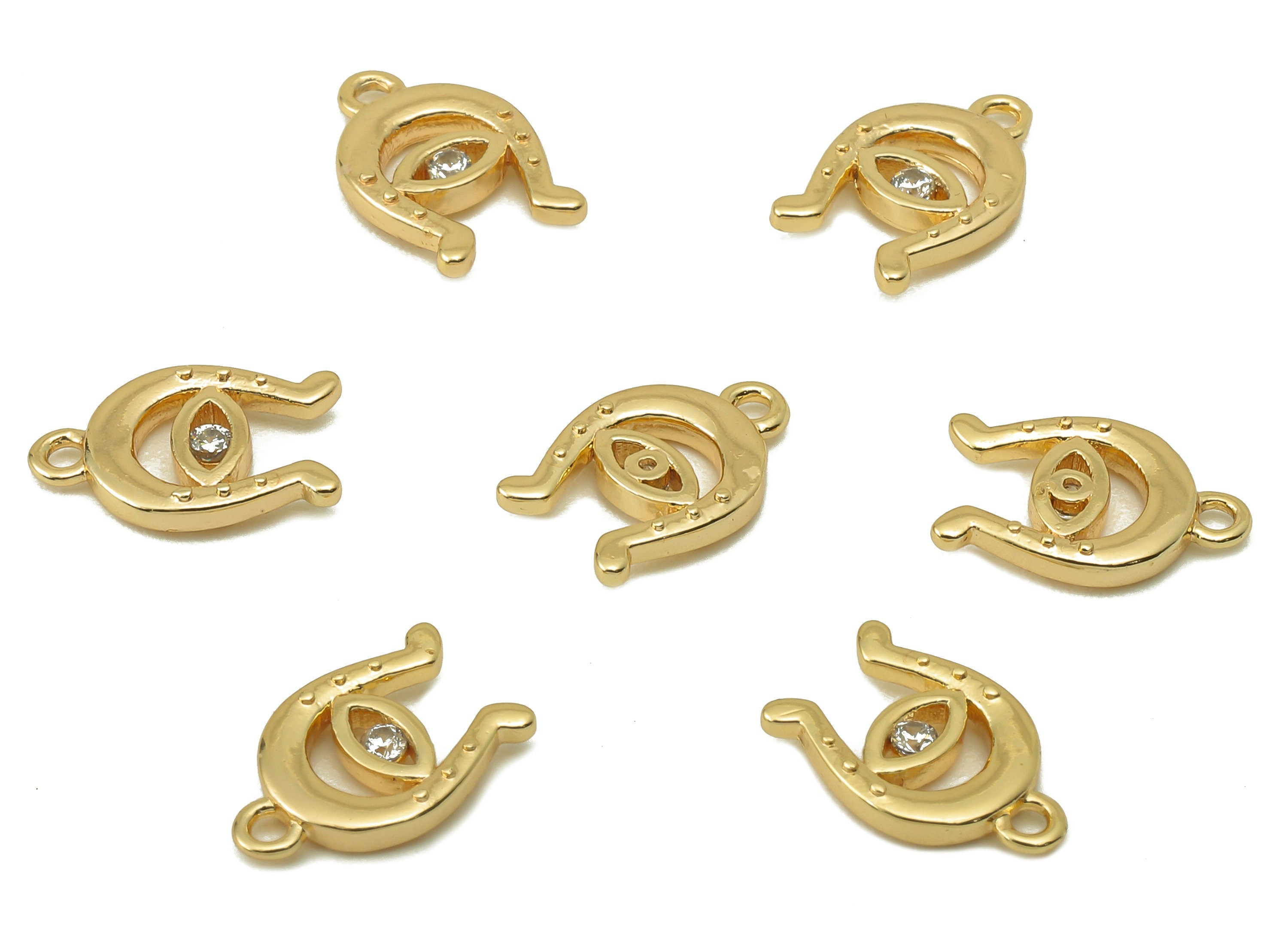 Brass Horsehoe Earring Charm - Brass Horsenail For Pendent With zircon-Eye Charm for Necklace-18K Real Gold Plating-11.11x7.1x1.89mm-RGP5879 - DOMEDBAZAAR